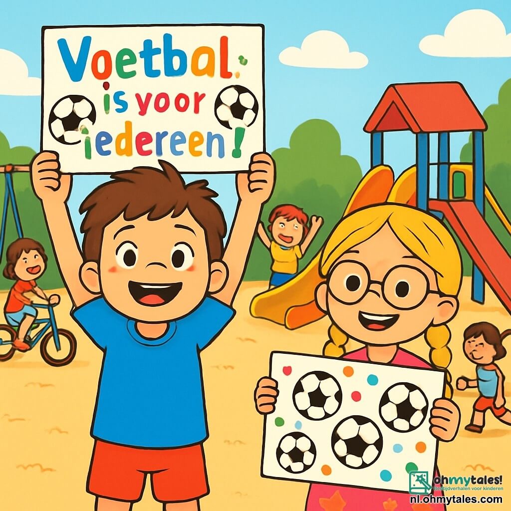 Een 6-jarig jongetje, genaamd Finn, met rommelig bruin haar en een grote blije glimlach, staat in het midden van de speelplaats. Hij draagt een felblauw T-shirt en een rode short, en hij houdt een kleurrijk bord omhoog met de tekst "Voetbal is voor iedereen!" en tekeningen van voetballen. Naast hem staat zijn beste vriendin Noor, een 6-jarig meisje met gevlochten blond haar en ronde bril, die glimlacht en een ander bord vasthoudt. Ze draagt een roze jurk met bloemenpatronen. De speelplaats is gevuld met gouden zand, omringd door kleurrijke schommels en glijbanen, onder een heldere blauwe lucht met enkele donzige witte wolken. Kinderen spelen om hen heen, sommigen fietsen, anderen spelen met een bal. Finn en Noor proberen hun vrienden te overtuigen om samen voetbal te spelen, terwijl ze hun borden tonen en glimlachen, terwijl andere kinderen hen nieuwsgierig en enthousiast aankijken.