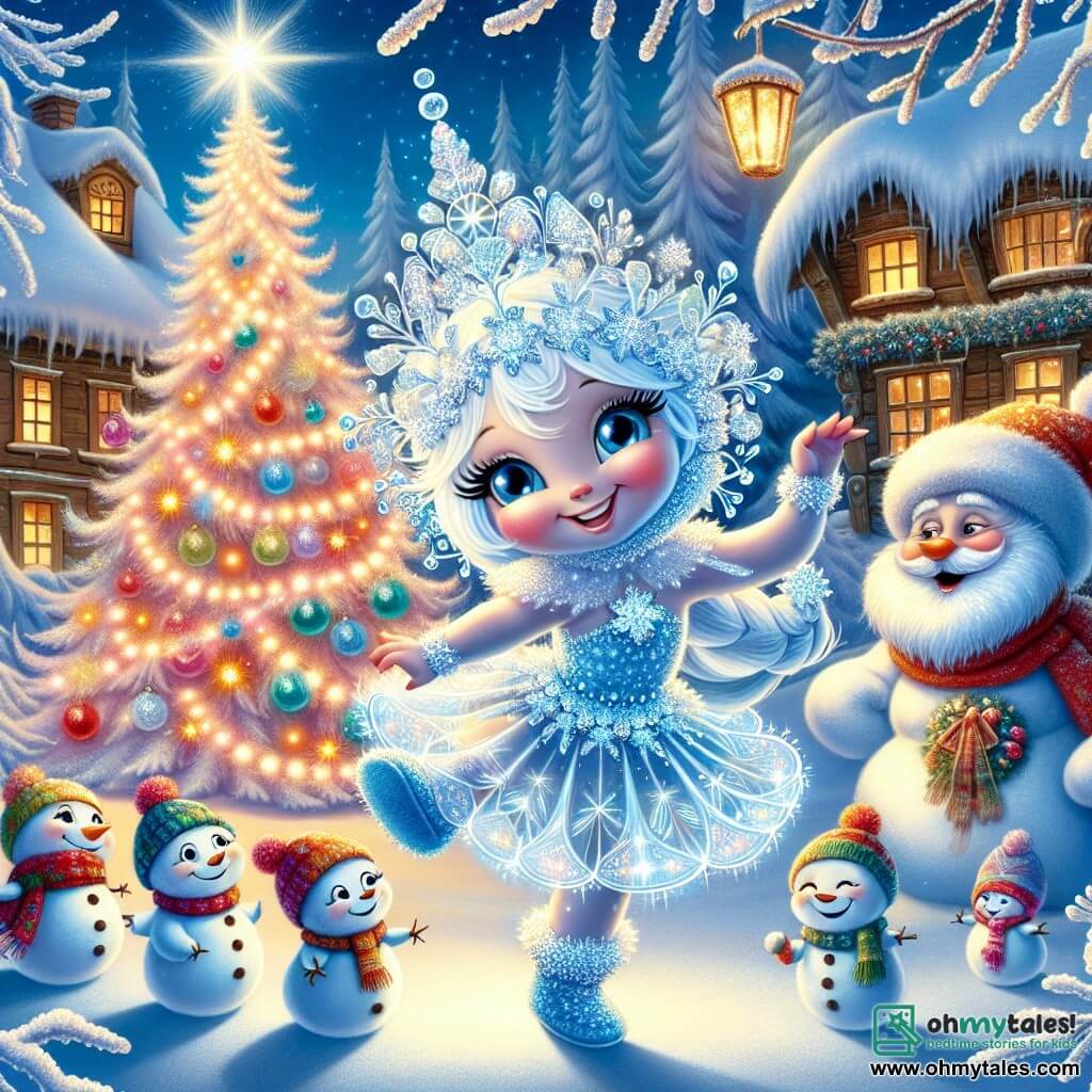Flurry, a young, bright, and joyful snowflake, dances in the air, her crystalline arms sparkling like stars. She has a smiling face, her eyes sparkling with curiosity and wonder, as she twirls around a large tree decorated with light garlands. Next to her, a group of cheerful snowmen, wearing colorful hats and wool scarves, laugh and play in the snow, their round, smiling faces reflecting the joy of winter. A wise figure, Mr. Frost, stands in the background with his long sparkling beard and kind demeanor, watching the scene with a warm smile. The setting is a beautiful winter village, with wooden houses topped with snow, flakes gently falling from the light blue sky, and trees glistening with frost surrounding the scene. The main situation shows Flurry and her friends celebrating the magic of winter, dancing and laughing together under the starry sky, creating an atmosphere of joy and wonder.
