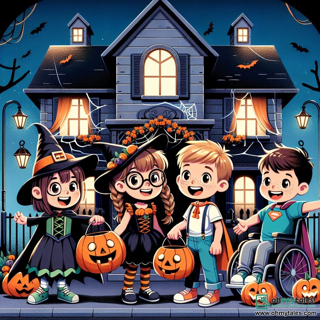 Four friends stand in front of a house decorated for Halloween. Mia, an 8-year-old girl with brown hair and glasses, wears a black and green witch costume and joyfully holds a large candy bag. Lily, a 7-year-old girl with braided blonde hair, is dressed as a pumpkin and gestures in surprise towards the house. Jake, an 8-year-old boy with red hair and freckles, is dressed as a vampire with a red cape and jumps with excitement, arms raised. Sam, a 9-year-old boy in a wheelchair with brown hair, wears a blue superhero costume and smiles widely at his friends. The large, old house behind them has windows adorned with spider webs and glowing orange lanterns, casting dancing shadows on the wall and creating a mysterious atmosphere. The friends are ready to knock on the door to ask for candy, their faces lit up with the excitement and magic of Halloween.