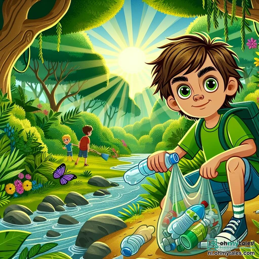 Een 10-jarig jongetje, Tom, met rommelig kastanjebruin haar en nieuwsgierige ogen, zit op de rand van een kleine rivier en houdt een plastic fles vast die hij net heeft opgepakt. Hij heeft een vastberaden en trotse uitdrukking op zijn gezicht, gekleed in een felgroen t-shirt en een spijkerbroekshort. Naast hem staat zijn vriend Jesse, ook een 10-jarig jongetje, met blond haar en ronde bril, die glimlacht terwijl hij een vuilniszak vol afval vasthoudt. Ze bevinden zich in een groen park, omringd door grote bomen met weelderige bladeren en kleurrijke bloemen die bloeien onder de stralende zon. De scène toont de twee vrienden die het park aan het schoonmaken zijn, met vlinders die om hen heen fladderen en vogels die in de takken zingen.