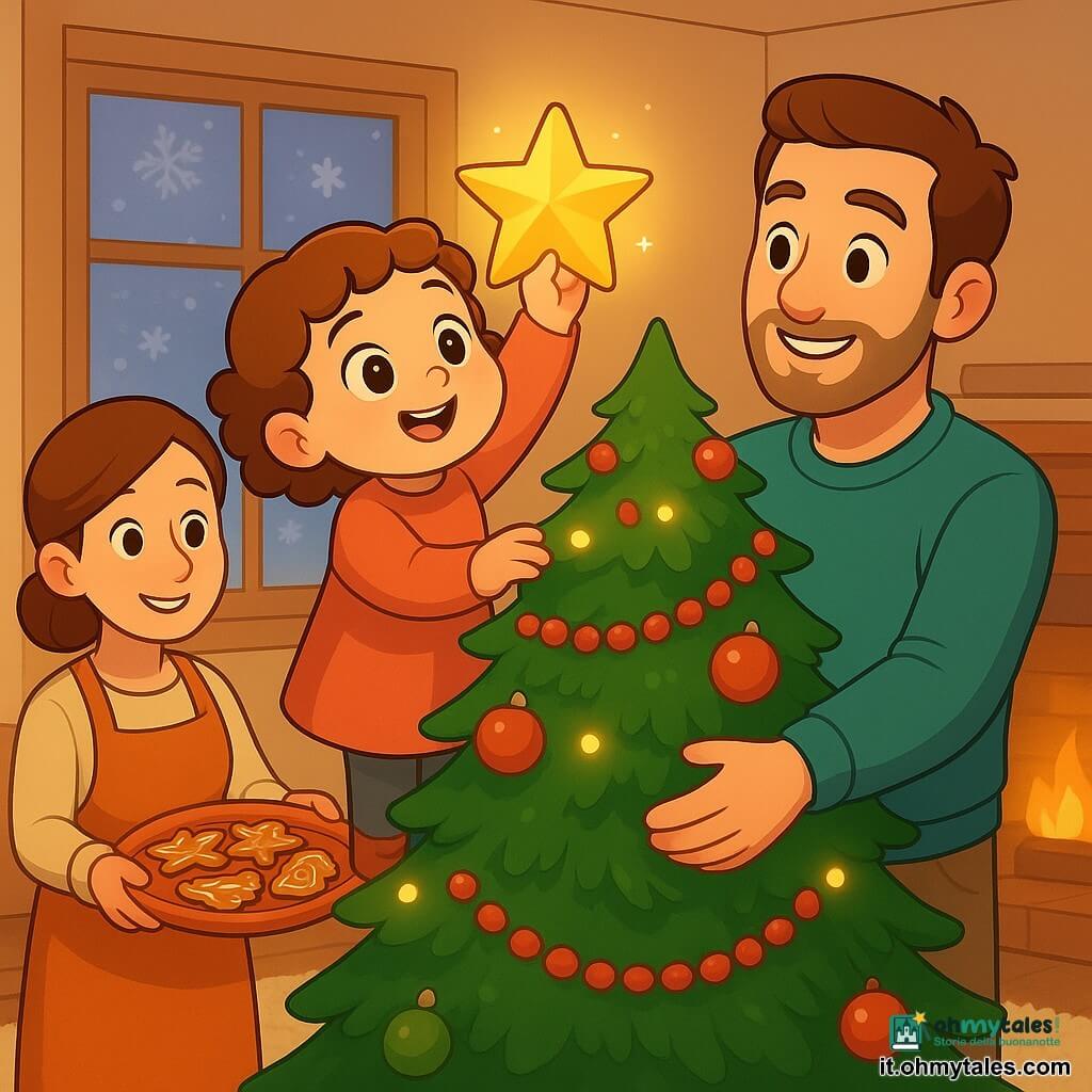 Bambina di 2 anni con viso rotondo, guance rosate e capelli castani corti e ricci, sguardo meravigliato, tiene una grande stella dorata scintillante e la posa in cima all'albero; padre circa 32 anni con barba leggera e sorriso caldo la solleva dolcemente per la vita, protettivo, madre circa 30 anni con capelli castani raccolti in abiti da cucina accoglienti tiene un vassoio di biscotti decorati e sorride; salotto caldo e intimo con albero di Natale verde fitto decorato con ghirlande rosse, palline colorate e luci gialle morbide, tappeto crema, finestra ghiacciata con neve fuori e camino in mattoni con calze appese; momento tenero e magico, luce soffusa delle lucine e del camino, plan medio leggermente dal basso incentrato sulla bambina, stile 3D cartoon cel-shading con contorni netti, colori saturi e forme semplici.