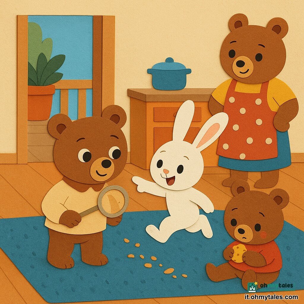 Un piccolo orsetto bruno bambino (tipo peluche), sguardo curioso e fiero, occhi tondi, porta una lente di cartone al collo e tiene un cucchiaio di legno appiccicoso in una mano; un coniglietto bianco bambino (tipo feltro), orecchie lunghe e volto eccitato, salta accanto e indica con una zampa una scia di briciole a terra; una sorellina orsetta, guance rosate, accovacciata su un balcone tiene un biscotto mezzo mangiato vicino a un vaso di fiori; la mamma orsa, figura morbida e rotonda, sorride sullo sfondo vicino a un tavolo con grembiule a pois; cucina calda con tappeto azzurro a texture carta, pavimento in doghe di legno, porta finestra aperta su balcone con grande vaso di terracotta e foglie verdi, luce morbida del mattino; situazione: l'orsetto detective trova il cucchiaio dietro il vaso e un piccolo taxi giocattolo giallo è sul tappeto come indizio, scene in forme semplici, colori vivaci, ombre morbide e bordi di carta evidenti.