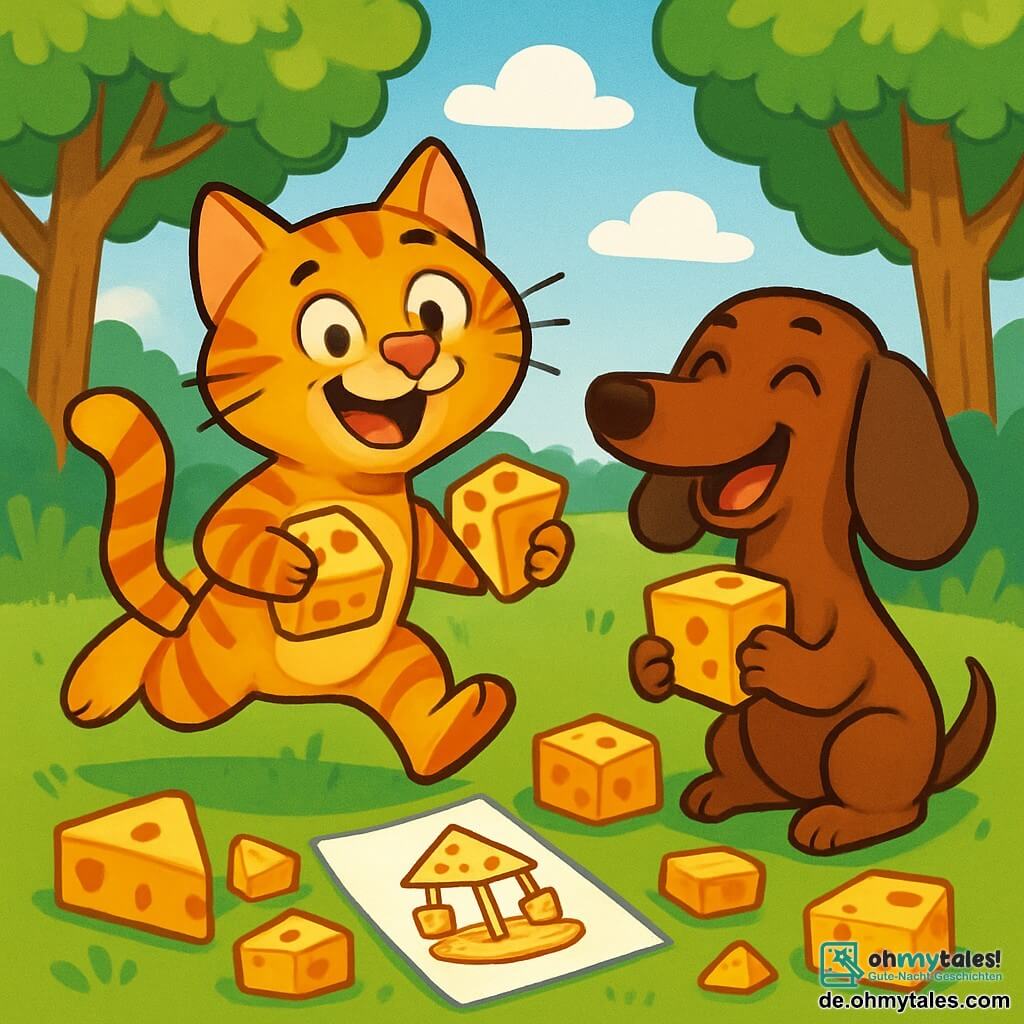 Ein frecher Kater namens Kater Kalli mit gestreiftem orangefarbenem Fell und funkelnden Augen springt fröhlich in einer sonnigen Lichtung, ein Stück Käse in der Hand und ein großes Lächeln im Gesicht. Neben ihm lacht Dörte, eine Dackeldame mit braunem Fell und großen Ohren, während sie ein Stück Käse hält, ihre Augen strahlen vor Aufregung. Im Hintergrund umgeben majestätische Bäume mit lebhaften grünen Blättern die Szene, während ein klarer blauer Himmel alles erhellt. Kalli und Dörte planen den Bau eines unglaublichen Käsekarrussells, mit Käsestücken in allen Formen und Größen, die um sie herum verstreut sind und eine fröhliche und verspielte Atmosphäre schaffen.