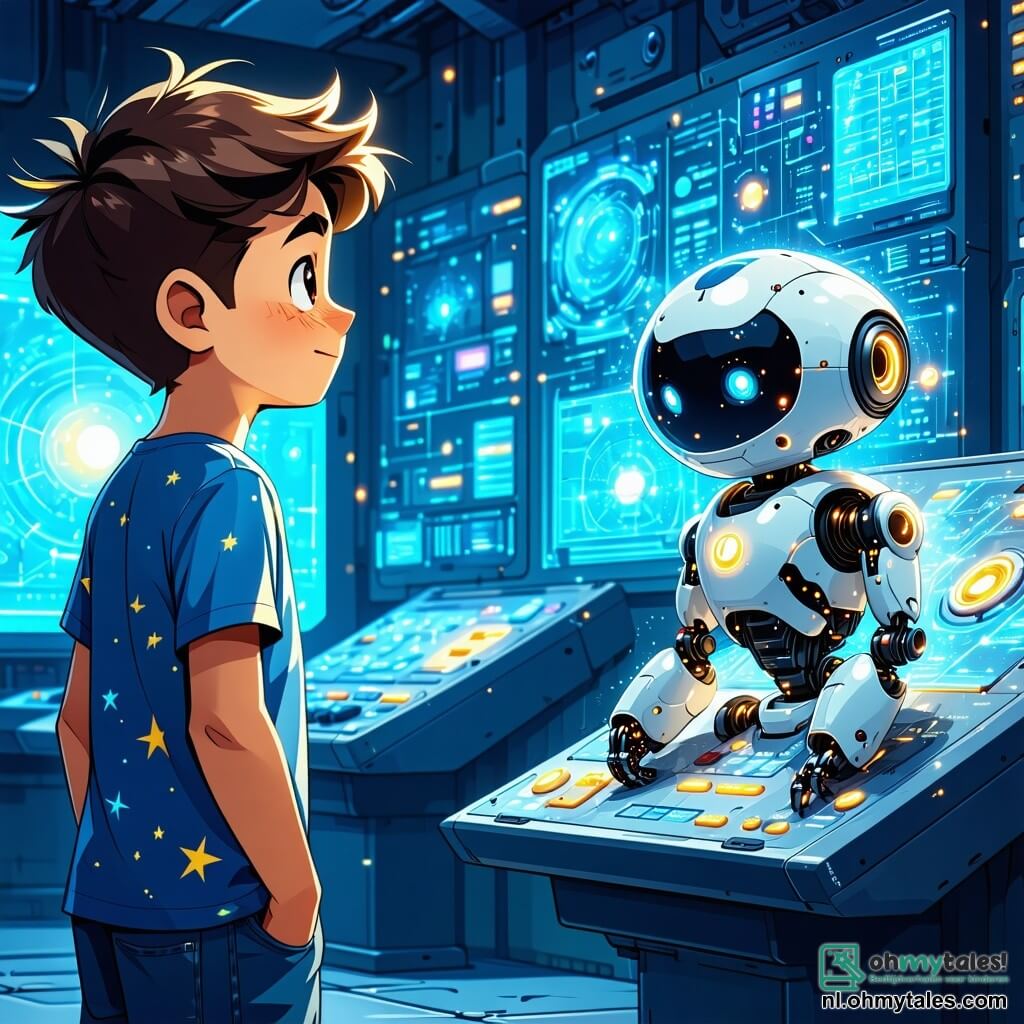 Een 10-jarig jongetje, Lucas, met wild bruin haar en een blauwe t-shirt met sterren, kijkt verwonderd naar een klein robotje dat naast hem zweeft. Zijn ogen glinsteren van opwinding en nieuwsgierigheid terwijl hij zich in een futuristische controlekamer bevindt, vol met heldere knoppen en knipperende schermen. Naast hem zweeft Zog, een klein robotje met ronde vormen en heldere ogen, vrolijk en met een vriendelijke uitdrukking. Het lijkt erop dat hij klaar is om Lucas te helpen in hun intergalactische avontuur. De ruimte is een grote controlekamer van een ruimteschip, met zilveren metalen muren, kleurrijke bedieningspanelen en ramen die een spectaculair uitzicht bieden op een sterrenhemel vol verre planeten. De belangrijkste situatie toont Lucas en Zog die samen door de ruimte navigeren terwijl ze zich voorbereiden om een reeks interstellaire uitdagingen aan te gaan, met dreigende asteroïden en mysterieuze nevels op de achtergrond.