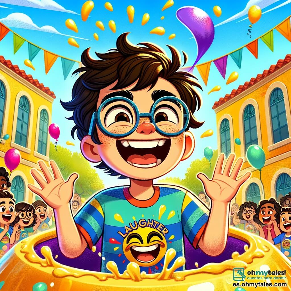 En el centro de la imagen, Paco, un niño de unos 10 años, sonríe con alegría y tiene los ojos brillantes. Lleva una camiseta de superhéroe colorida, un poco desgastada, con un logo de risa al frente. Está cayendo en una piscina gigante de gelatina, con los brazos extendidos, mientras salpicaduras de gelatina vuelan a su alrededor, añadiendo un toque divertido a la escena. A su derecha, Javi, un niño de 11 años con cabello castaño alborotado y gafas, intenta volverse invisible, pero es visible, con una expresión de sorpresa y las manos levantadas como si intentara esconderse detrás de un gran panel colorido. Al fondo, la escena tiene lugar en el patio de la Academia de Superhéroes, un lugar vibrante y alegre, lleno de globos coloridos, pancartas y risas de niños. La situación principal muestra a Paco, en medio de su actuación cómica, provocando risas entre sus compañeros mientras se debate alegremente en la gelatina, ilustrando el espíritu lúdico y divertido de la historia.