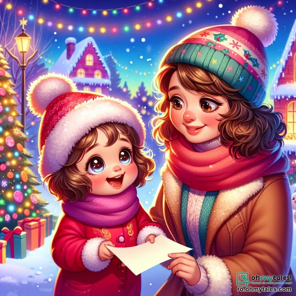 O fetiță de 2 ani, Ema, cu ochi mari și strălucitori și obraje roșii, poartă o salopetă roșie drăguță și o eșarfă din lână moale. Ea zâmbește cu uimire în timp ce ține o scrisoare în mâinile ei mici. Lângă ea, mama ei, o femeie de aproximativ 30 de ani, cu părul brunet și creț, o privește cu tandrețe, îmbrăcată într-o haină caldă și o căciulă colorată. Scena are loc în aer liber, într-un peisaj de iarnă feeric, unde zăpada acoperă solul și copacii sunt împodobiți cu fulgi strălucitori. Lumini colorate strălucesc pe casele din apropiere, creând o atmosferă caldă și festivă. Ema, încântată, se pregătește să lase scrisoarea pentru Moș Crăciun sub un brad mare decorat, înconjurat de cadouri colorate. Magia Crăciunului plutește în aer, iar expresia de bucurie de pe fața Emei luminează scena.