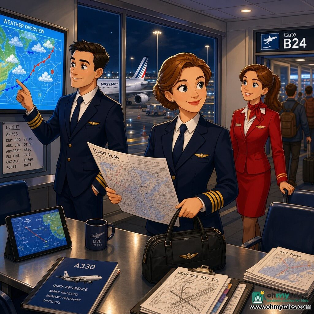 A confident female pilot in her mid-30s with brown hair in a bun, wearing a navy pilot jacket with gold stripes, holding a small black flight bag and an unfolded flight plan, stands by an airport terminal window; to her left a calm, kind male co-pilot around 30 with short black hair points at a bright weather map on a screen, and slightly behind near a boarding door a smiling, attentive female flight attendant about 28 with chestnut hair in a ponytail in a red uniform stands with blurred passengers behind her; the setting is a night crew corridor and briefing room with large windows showing an illuminated aircraft on the tarmac, soft neon lights, blue weather screens with drawn clouds, flight plans and papers on metal seats and table, warm light on the pilot's face creating a serene, professional atmosphere.