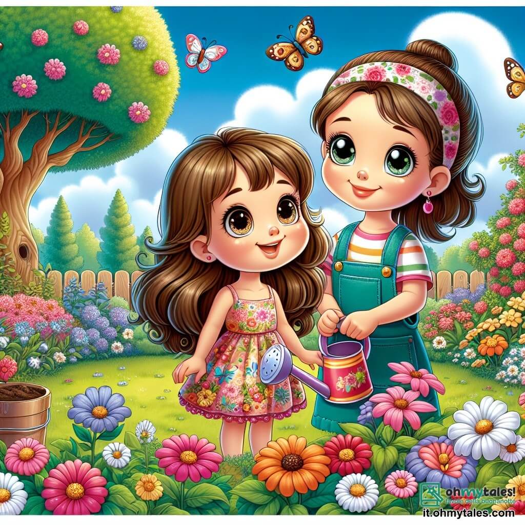 Una bambina di 8 anni, Sofia, con lunghi capelli castani e occhi brillanti di curiosità, si trova nel mezzo di un giardino fiorito, un grande sorriso illumina il suo volto. Indossa un vestito colorato a fiori e tiene un piccolo annaffiatoio, pronta ad annaffiare le piante. Accanto a lei, sua madre, una donna di circa 30 anni con capelli castani raccolti in uno chignon, sorride orgogliosa mentre tiene un secchio pieno di terriccio, osservando sua figlia con tenerezza. Il giardino è pieno di fiori vivaci, farfalle danzanti e un maestoso albero sullo sfondo, sotto un cielo azzurro chiaro punteggiato di nuvole bianche. Sofia e sua madre si prendono cura dei fiori, creando un'atmosfera gioiosa e primaverile, piena di vita e colori.
