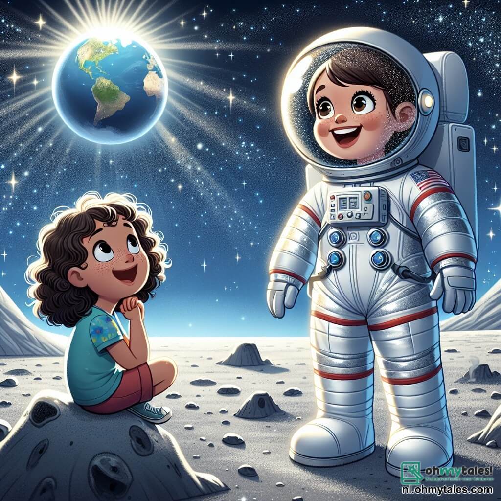 Een vrouwelijke astronaut, genaamd Anna, staat op een maanoppervlak in een glanzend witte ruimtepak met zilveren accenten. Haar gezicht straalt van vreugde en verwondering terwijl haar heldere ogen naar de sterrenhemel kijken. Naast haar zit Lotte, een 8-jarig meisje met grote nieuwsgierige ogen en krullend haar, die vol bewondering naar de sterren kijkt. Ze draagt een kleurrijk t-shirt en een short, en zit met gekruiste benen op een steen, gefascineerd door Anna's verhalen. De omgeving is een uitgestrekt maanlandschap met grijze, stoffige grond, bezaaid met kraters en stenen. Op de achtergrond schittert de aarde als een prachtige blauwe bol, verlicht door de zon, terwijl de lucht vol fonkelende sterren is. Anna vertelt Lotte over haar avonturen in de ruimte met expressieve gebaren, terwijl Lotte aandachtig luistert, met opgewonden ogen, dromend om ook astronaut te worden.