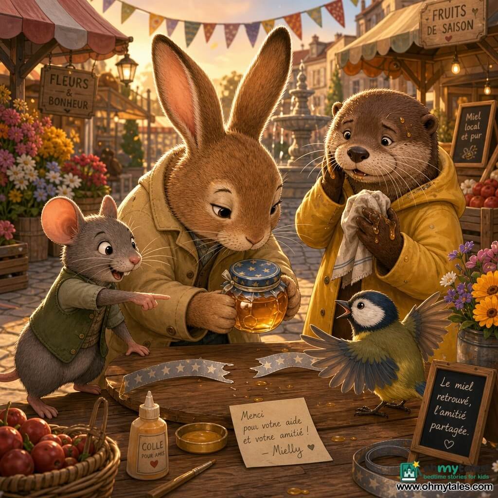 A soft round brown rabbit (main character) delicately holds a small glass honey jar with a blue lid, calm and focused with half‑closed eyes, ears up, textured fur and a beige jacket, leaning forward like an attentive detective; to its left a lively gray mouse (secondary) stands on tiptoe, whiskers alert, smiling and pointing at a silver starry ribbon fragment while wearing a small green vest; behind them a clumsy otter in a yellow raincoat (secondary) has sticky honeyed paws, looking ashamed but relieved, holding a dishcloth and gazing at the jar on a wooden table; in front a tiny yellow tit vendor (secondary) with bright feathers looks surprised but grateful, wings slightly open toward the jar; the colorful outdoor market has wooden stalls with red fruits, bright flower bouquets, wicker baskets, stacked crates, cobbles stained with amber honey, banners and a fountain in the background; the main moment shows the jar returned and repaired—a reunion of repair and reconciliation—silver ribbon in two pieces on the table, small hands helping to reattach it, warm evening light filtering between stalls and a cozy, supportive atmosphere.