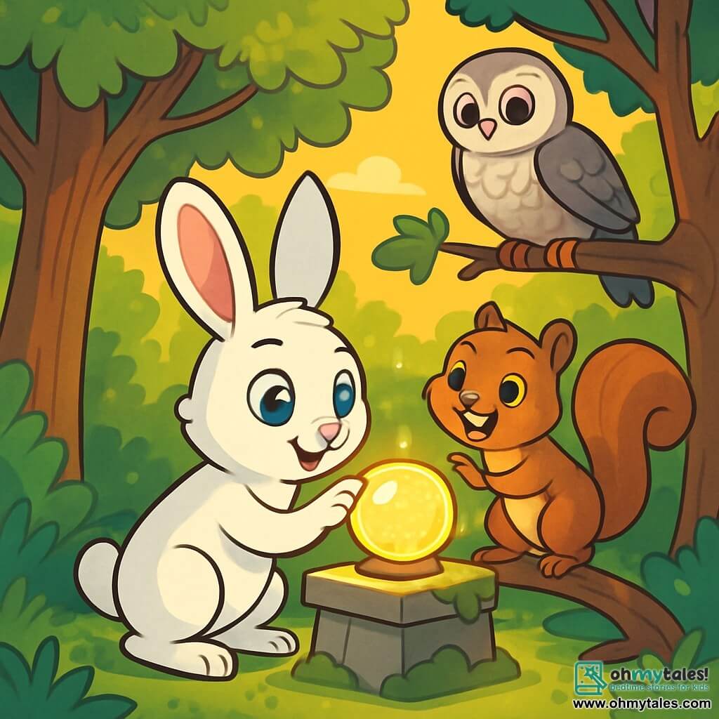 A young rabbit named Thistle, with bright white fur and sparkling gem-like eyes, stands at the center of the scene, displaying an expression of awestruck curiosity. Beside him, Bramble, a mischievous squirrel with brown fur and a bushy tail, joyfully climbs a low branch, while Luna, a wise owl with soft gray feathers, perches on a branch above, attentively observing the scene. The setting is an enchanted glade bathed in golden light, surrounded by majestic trees with vibrant green leaves, and at its center is a moss-covered stone pedestal holding a shimmering glowing sphere. The main situation shows Thistle touching the magical sphere, as a gentle glow envelops the group, creating an atmosphere of mystery and wonder, while the song of the trees and the whisper of the wind fill the air with magic.