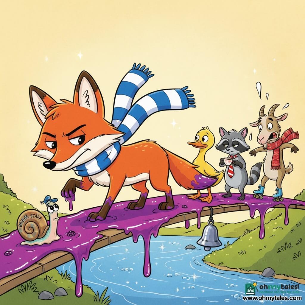 An anthropomorphic red-furred fox with a large blue-and-white striped scarf, mischievous but focused, paws stained with purple blackberry jam, cautiously walking on an invisible bridge revealed by a sticky purple jam trail; a tiny snail in a cap and “BRIDGE STAFF” badge with a pearly shell and exasperated expression slides beside it; a yellow duck in a red-and-white tie stands behind, comically annoyed, watching the jam line; a grey raccoon with a teacup looks curious and relaxed farther along; a panicked-but-funny goat on shiny rollerblades and a wool scarf struggles near the bridge’s end; a small silver bell floats above the jam path invitingly; colorful, high-contrast 2D cartoon style with thick outlines, vivid palette (red, blackberry purple, duck yellow, sky blue), whimsical, absurd but warm and safe atmosphere.