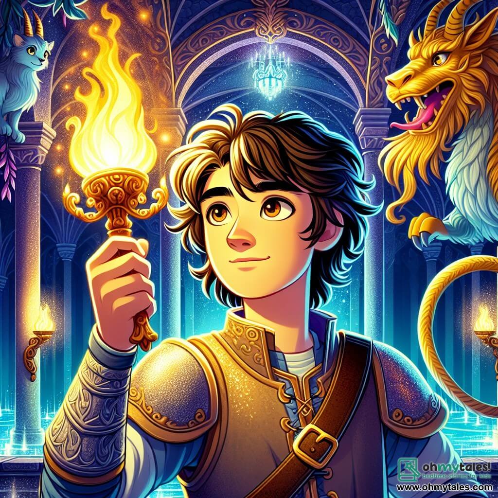 A young man, Galen, stands at the center of the scene, with tousled brown hair and eyes shining with hope. He wears gleaming armor, slightly scuffed, and holds a magical lamp high in his hand, emitting a brilliant golden light. His face expresses both determination and courage as he prepares to face great danger. Beside him, a majestic chimera, with heads of a lion, dragon, and goat, watches Galen intently, its eyes sparkling with wisdom. It stands slightly back, like a guardian, ready to intervene if needed. The setting is a vast obsidian fortress hall, with shimmering walls and carved columns, illuminated by rivers of glowing lava outside. Shadows dance on the walls, creating a magical yet threatening atmosphere. The main situation shows Galen raising the lamp, its light piercing the darkness as he calls for peace amidst a chaotic battle between two armies. The soldiers, frozen in their movements, turn their gazes toward him, captivated by the lamp's glow and his message of hope.