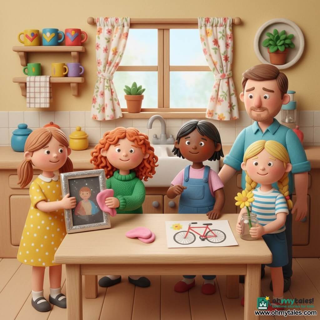 There are five characters: Lily (about 4, light brown hair in pigtails, yellow polka-dot dress, standing left by the table holding a shiny photo frame), Mina (about 4, curly red hair, green sweater, kneeling by the table rubbing the frame with a pink cloth), Jo (about 4, short black hair, blue overalls, standing right a bit back showing a drawing of a red bicycle), Rosie (about 4, blonde braids, striped T‑shirt, front of the group smiling and holding a small glass jar with a yellow flower), and the father (about 35, light beard, light blue shirt, entering the kitchen and looking at the photo emotionally, standing near the sink). The warm kitchen is seen from the front with a light wood table at the center, colorful cups, a checkered tea towel, a window with floral curtains letting in soft light, and a shelf with jars and a potted plant. The four girls present the clean, shining photo frame and the jar with the yellow flower to their dad with joyful, tender expressions and presenting gestures; composition centered on the table, bright colors and pronounced modeling‑clay textures (smooth surfaces, fingerprints, small reliefs).