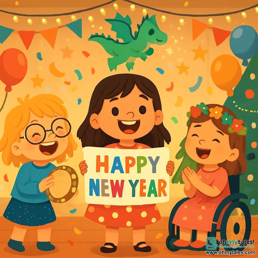 There are 3 characters: - Mia: a 5-year-old girl with long brown hair and sparkling eyes. She wears a red polka dot dress and has a big smile. She stands in the center, holding a large colorful "Happy New Year!" sign. - Zoey: a 5-year-old girl with messy blonde hair and round glasses. She wears a bright blue sweater and a sequined skirt. She is to the left of Mia, enthusiastically shaking a golden tambourine. - Lily: a 5-year-old girl in a sparkling wheelchair, with brown hair and a colorful flower crown. She wears a pink dress with shining stars. She is to the right of Mia, smiling and clapping to the music. The setting is a warm party room decorated with sparkling garlands and colorful balloons. The walls are adorned with shiny star and moon-shaped paper. Paper stars float from the ceiling, while a large Christmas tree sparkles in a corner, illuminated by multicolored lights. The main scene shows the three friends joyfully celebrating the New Year. They sing together, surrounded by colorful confetti falling from above, while a small green dragon named Flint floats above them, casting magical sparks. The children's faces are filled with excitement and happiness, creating a festive and enchanted atmosphere.
