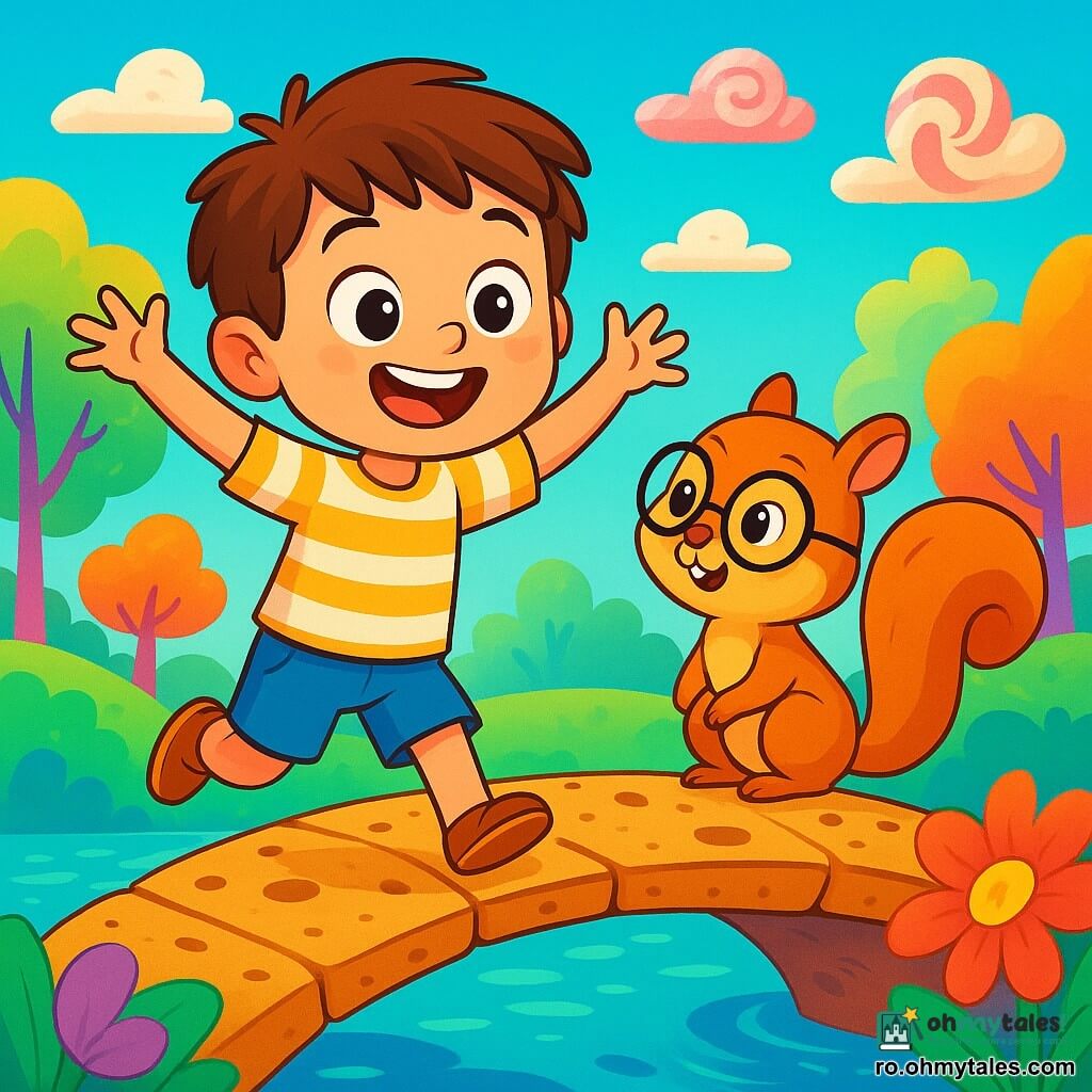 Un băiat de 6 ani, cu părul brun zbârlit și ochi strălucitori de curiozitate, stă pe marginea unui pod din biscuiți, cu un zâmbet mare pe față. Poartă o cămașă cu dungi și o pereche de pantaloni scurți albaștri, ridicând brațele în aer, gata să sară cu entuziasm. Lângă el, o veveriță cu ochelari rotunzi, de aproximativ 5 ani, îl privește cu admirație, cu lăbuțele pe marginea podului, pregătită să-l încurajeze. Decorul este o lume fantastică, cu un cer albastru strălucitor presărat cu nori în formă de bomboane și copaci cu trunchiuri multicolore. Sub pod, un lac strălucitor reflectă culorile vii ale peisajului, în timp ce flori uriașe dansează ușor în ritmul vântului. Situația principală arată băiatul pregătit să traverseze podul din biscuiți, provocând imposibilul cu un aer de determinare și excitație, în timp ce veverița îl încurajează cu un zâmbet strălucitor, creând o atmosferă de camaraderie și aventură.
