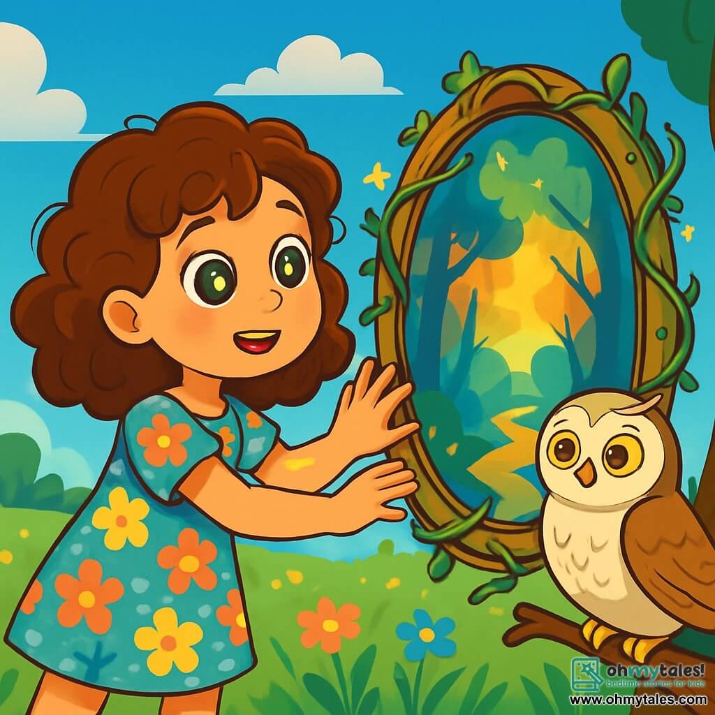 An 8-year-old girl named Lila, with bright star-like eyes and curly hair, stands by an old mirror, her face illuminated by curiosity and wonder. She wears a colorful dress adorned with flowers, with her hands reaching towards the mirror as if ready to dive into a magical world. Next to her, a wise owl with white feathers and round eyes perches on a low branch, observing Lila kindly, its wings slightly spread, ready to share its wisdom. The scene is set in a lush green meadow, dotted with vibrant flowers, under a deep blue sky with fluffy clouds. In the center, the old mirror is surrounded by tangled vines and small twinkling stars, creating a fairy-tale atmosphere. The main focus shows Lila, amazed, looking through the mirror, where a mysterious path opens into an enchanted forest filled with bright colors and magical light, symbolizing the beginning of her philosophical adventure.
