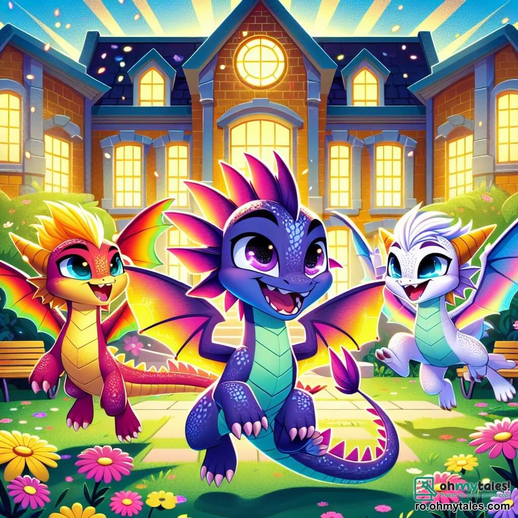Zuri, un mic dragon-péon cu solzi strălucitori de culori vii, se află în centrul scenei, cu ochii strălucind de entuziasm și un zâmbet larg pe față. Aripile sale multicolore sunt desfăcute, pregătite să zboare, în timp ce privește cu uimire la școala mare cu pereți din cărămidă aurie și feronerie strălucitoare. La dreapta sa, Blaze, un dragon-péon roșu aprins cu solzi strălucitori, sare de bucurie, fața sa radiază de fericire. Ține o floare mică în picior, gata să i-o arate lui Zuri. La stânga, Luna, un dragon-péon violet cu ochi blânzi, zâmbește călduros, cu aripile ușor pliate, observându-și prietenii cu mândrie. Decorul este o curte de școală însorită, înconjurată de flori colorate și copaci mari cu frunziș verde. Razele soarelui străbat ramurile, creând umbre jucăușe pe sol. Situația principală arată cum Zuri și prietenii săi se pregătesc să participe la un concurs de zbor, entuziasmul fiind palpabil în aer în timp ce se adună pentru a decola, pregătiți să descopere bucuriile revenirii la școală.