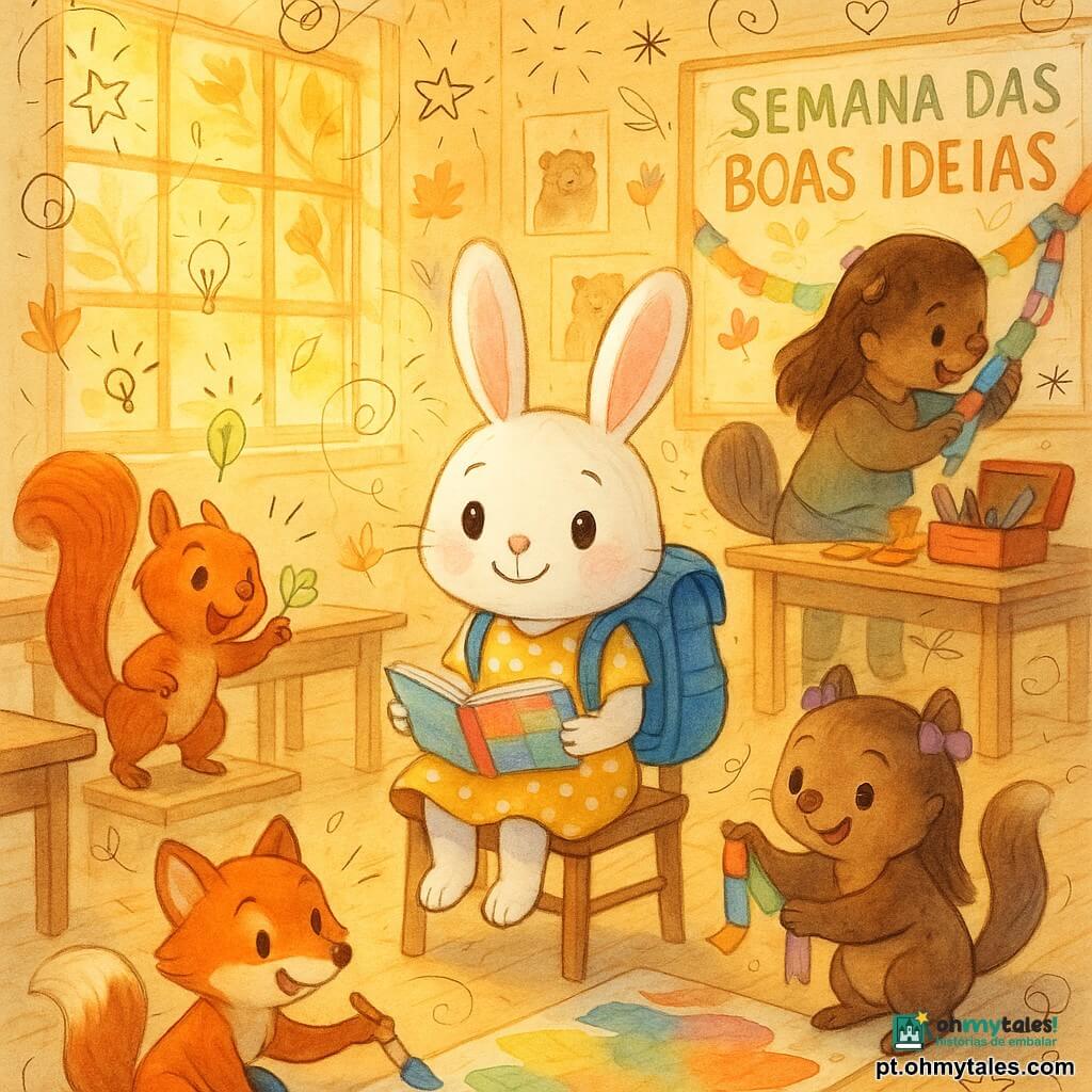 Nina é uma pequena coelhinha branca de orelhas rosadas, rosto redondo e olhos brilhantes, sorridente e determinada, vestindo um vestido amarelo de poás e mochila azul, sentada numa cadeira segurando um caderno colorido; Tico é um esquilo ruivo energético e curioso mostrando uma ideia num papel; Lila é uma lontra castanha com laços roxos, alegre e concentrada, prendendo uma faixa colorida num painel; Beto, um castor forte de pelagem castanha escura, sério mas gentil, prepara decorações de madeira com sua caixa de ferramentas; Maya, uma raposa rufous com manchas brancas, criativa e sorridente, pinta um grande cartaz; cena em uma sala de aula acolhedora com janelas grandes, raios de sol, mesas de madeira e cartazes, enquanto a equipe prepara um estande para a feira escolar trabalhando em conjunto, ambiente colaborativo, cores vivas, traços suaves, textura aquarela e sobreposição de doodles leves (corações, estrelas, lápis).
