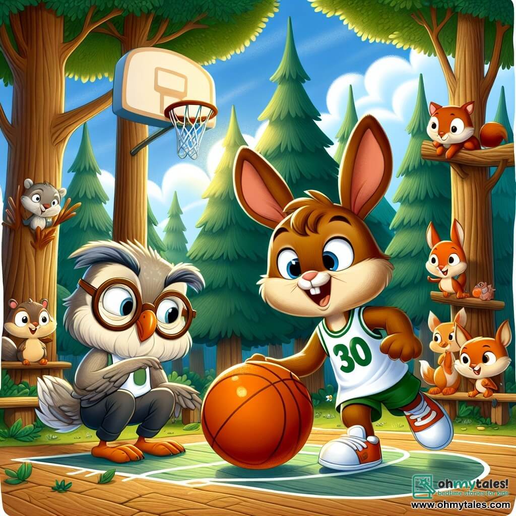 In the center of the image, Benny, a young rabbit with large ears and soft brown fur, is enthusiastically dribbling a big orange ball. His eyes shine with excitement and determination as he prepares to score. To his right, Coach Oliver, a wise owl with gray feathers and round glasses, watches with an encouraging smile, his wings slightly spread as if to applaud. He stands on a low branch of a tree, ready to give advice. In the background, an improvised basketball court is surrounded by tall trees with lush foliage, and forest animals like squirrels and foxes are gathered, cheering for Benny. The sky is blue with a few white clouds, and the sun shines, creating a joyful and dynamic atmosphere. The scene captures Benny in action, ready to shoot to win the game, while excitement and team spirit radiate from all the characters present.