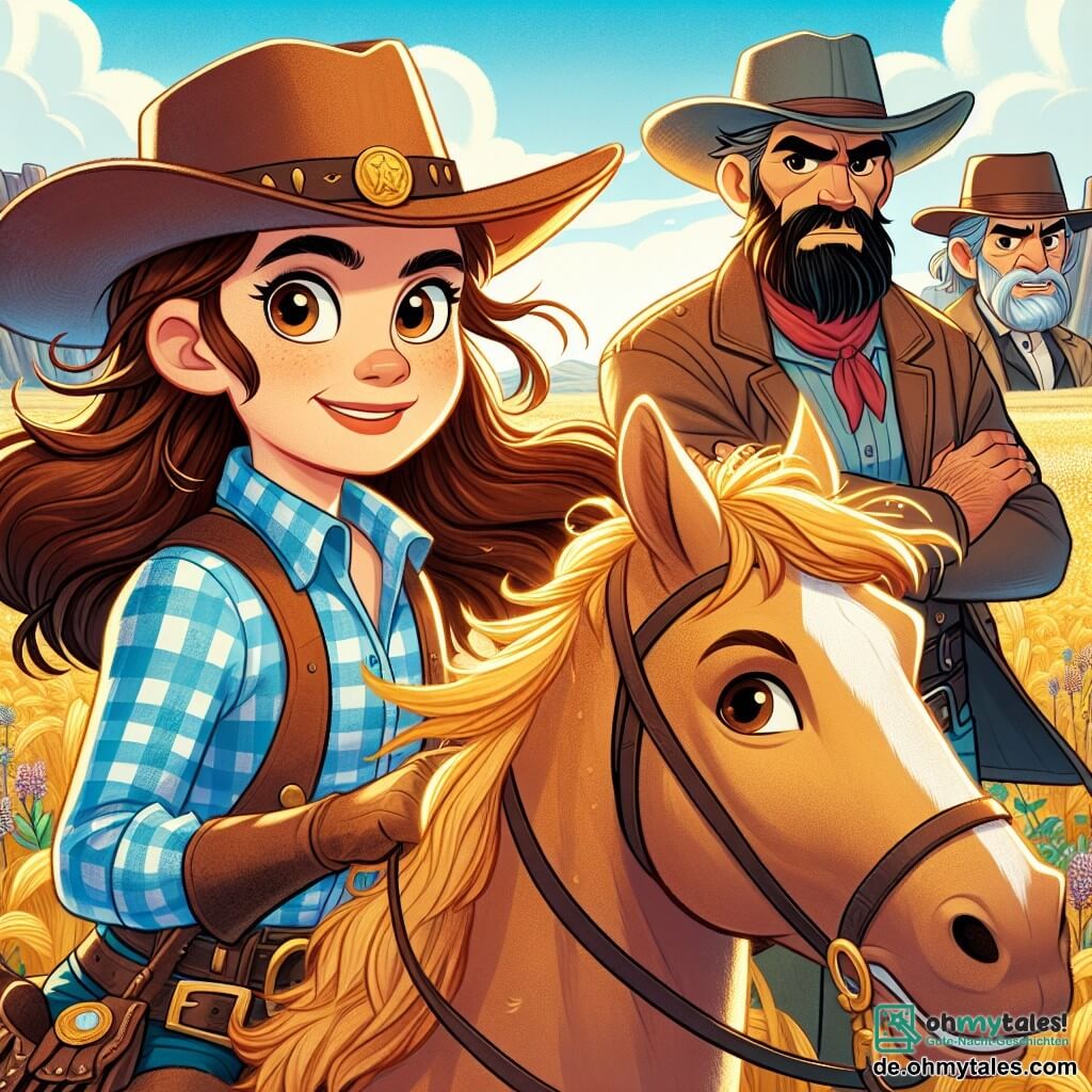 Clara, eine junge Cowgirl mit einem entschlossenen Gesicht, trägt einen Cowboyhut und ein kariertes Hemd. Ihre braunen Haare wehen im Wind, während sie stolz ihr Pferd Blaze, einen wunderschönen Mustang mit goldenem Fell, reitet. Clara zeigt einen Ausdruck von Mut und Entschlossenheit, bereit, das bevorstehende Abenteuer anzugehen. In der Nähe beobachtet ein etwa dreißigjähriger Mann mit rotem Bart und besorgtem Blick die Szene. Er trägt eine Lederjacke und hält eine Karte in den Händen, auf der Suche nach Hinweisen zum Standort des Schatzes. Neben ihm steht ein älterer Mann mit grauen Haaren und einem abgetragenen Hut, die Arme verschränkt und mit einem misstrauischen Ausdruck. Die Kulisse ist eine weite Landschaft aus goldenen Wiesen, durchzogen von bunten Wildblumen, mit majestätischen Bergen im Hintergrund unter einem strahlend blauen Himmel. Die Sonne scheint hoch am Himmel und taucht die Szene in warmes Licht. Die Hauptsituation zeigt Clara und die Männer, die begeistert über ihre Suche nach Gold in den Bergen diskutieren, während sich am Horizont ein Gewitter zusammenbraut, was der Abenteuerstimmung eine spürbare Spannung verleiht.