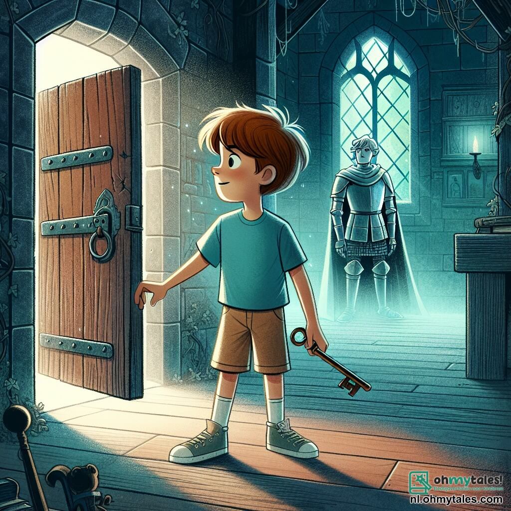 Een 9-jarig jongetje, genaamd Tim, staat in het midden van de afbeelding, met rommelig kastanjebruin haar en ogen die stralen van opwinding. Hij draagt een blauwe t-shirt en een beige short, en zijn gezicht toont een nieuwsgierigheid vermengd met angst terwijl hij naar een oude, licht openstaande houten deur kijkt in een mysterieuze villa. Op de achtergrond zweeft een etherische schim van een oude ridder, met een zacht maar treurig gezicht, dicht bij de deur, zijn glinsterende harnassen in het gedimde licht. De ridder lijkt Tim hoopvol te observeren, klaar om hem een geheim te onthullen. De scène speelt zich af in een oude villa, met muren bedekt met klimop en spinnenwebben, en gebroken ramen die stralen licht binnenlaten. De vloer is van versleten hout, en schaduwen dansen om hen heen, wat een zowel mysterieuze als licht angstaanjagende sfeer creëert. Tim, met een oude, verroeste sleutel in zijn hand, bereidt zich voor om de deur te openen, zich ervan bewust dat hij op het punt staat een oud geheim te ontdekken.