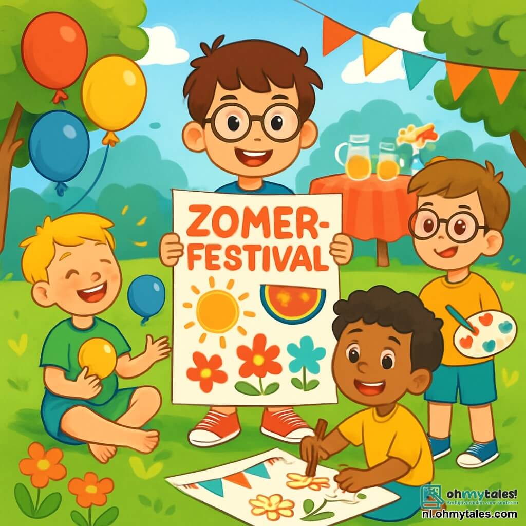 Er zijn 4 kinderen: Mats, een 8-jarig jongetje met rommelig bruin haar en een ronde bril, staat in het midden met een grote kleurrijke poster voor het zom festival. Finn, een 9-jarig jongetje met blond haar en sproeten, zit op het gras en jongleert vrolijk met felgekleurde ballonnen. Sam, een 8-jarige jongen met krullend zwart haar, zit naast Finn en tekent op een groot vel papier. Jens, een 7-jarig jongetje met kastanjebruin haar en een bril, staat met een verfpalet en kwast, klaar om een groot bord te schilderen voor het festival. De scène speelt zich af in een zonnige tuin vol kleurrijke bloemen en zwevende ballonnen, met versieringen aan de bomen en een tafel vol lekkernijen. De kinderen bereiden een groot zom festival voor, met een vrolijke en feestelijke sfeer vol lachen en creativiteit.