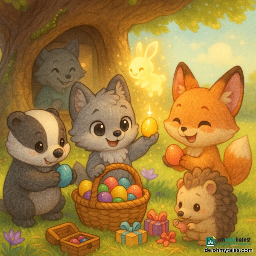 Milo, kleiner Chibi-Wolf mit warmem, erstaunten Ausdruck und weichem grauen Fell, hält einen Weidenkorb mit bunten Eiern und ein funkelndes Ei; rechts Leni, Chibi-Füchsin mit geröteten Ohren und schelmischem Lächeln, reicht ein orange-rosa verlaufendes Ei; links Tim, stämmiger Chibi-Dachs, etwas verlegen, legt ein blaues Ei in den Korb; vorne Mira, schüchternes Chibi-Igelchen mit runden Stacheln, wählt ein kleines Band aus Geschenken; im Hintergrund Oma Wölfin in der offenen Küche, sanfte Silhouette und wohlwollender Blick; über dem Korb schwebt ein kleiner leuchtender Hase, der sich in goldenen Glitzerstaub auflöst; Ort: alter knorriger Eichenbaum am Rand einer grünen Wiese mit sichtbaren Wurzeln, violette Krokusse, goldene Strohstücke und ein halbgeöffnetes Holztruhchen mit Bändern; Stimmung: fröhliches, gerechtes Teilen der Ostereier bei sanftem Frühlingssonnenschein, warmes, gemütliches Ambiente mit pastelligen Farben, weichen Texturen und abgerundeten Konturen.