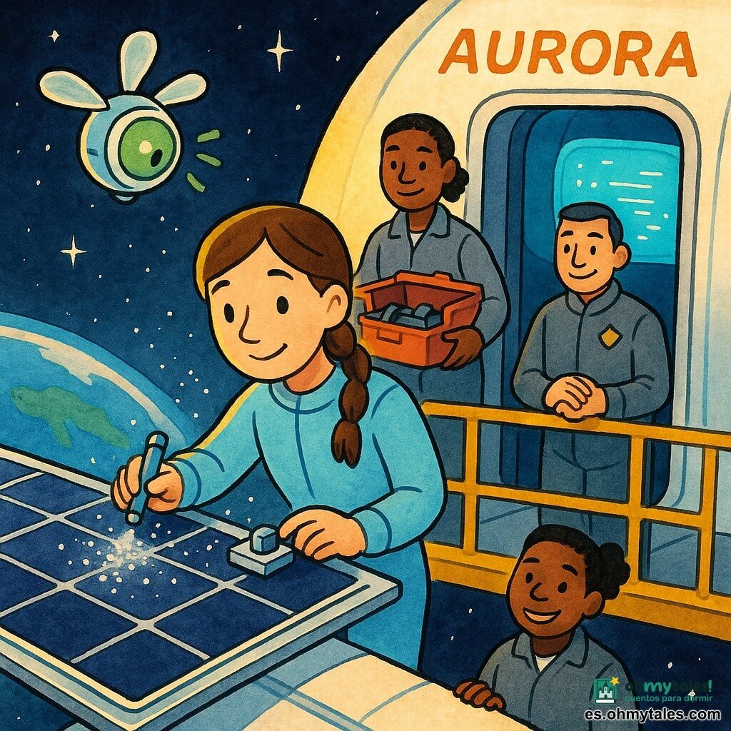 Lina, ingeniera, mirada concentrada y sonrisa suave, trenza castaña, mono espacial azul claro, sostiene una herramienta y un sensor junto a un panel solar limpiándolo con una ráfaga de aire controlada; Pipo, dron pequeño y amigable con luz verde, flota tomando una foto, hélices como pétalos; Tessa, técnica de mantenimiento ~35 años, piel clara, pelo corto recogido, mono gris, con caja de herramientas abierta detrás de Lina en la pasarela; Capitán Sol, hombre de rostro cálido, uniforme gris con insignia dorada, observa desde la entrada del aire, manos juntas; Nara, ordenador de a bordo, representado por una gran pantalla curva azul cian que emite líneas de datos estilizadas; lugar: exterior del ala de la Aurora con paneles solares rectangulares negros con bordes plateados, cielo espacial estrellado y media Tierra azul de fondo; situación: reparación tranquila de un panel polvoriento, partículas brillantes flotando como azúcar, gestos precisos, atmósfera de cooperación y cuidado bañada por la luz cálida del sol.