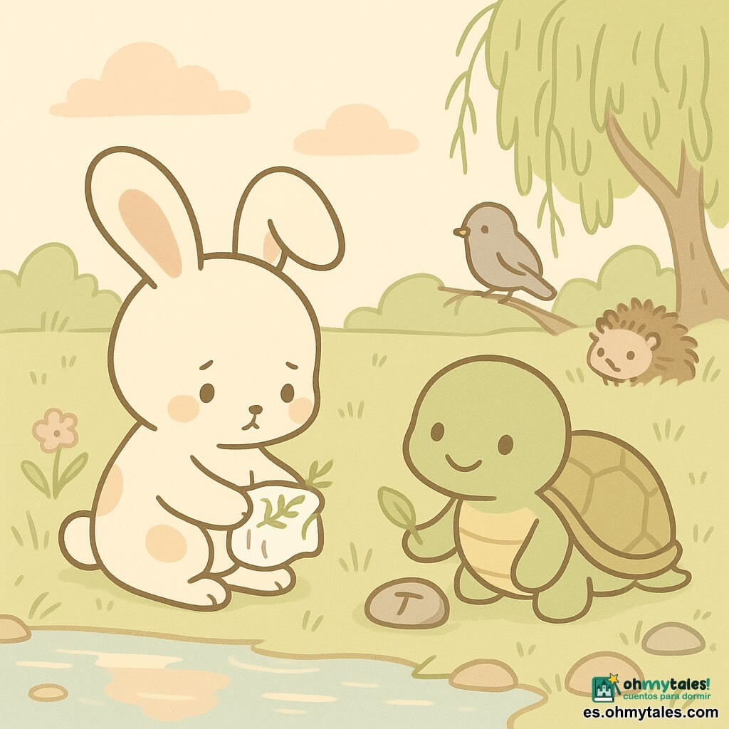 Un pequeño conejo antropomórfico (Miguel), orejas largas y pelaje crema con manchas beige, de expresión dulce y algo triste, sostiene delicadamente una tela blanca con hierbas aromáticas; junto a él, una tortuga redonda y verde (Doña Tortuga) con caparazón marrón claro y mirada serena sostiene una hoja y tiene delante una piedra grabada con una "T"; ambos, arrodillados al borde de un estanque tranquilo de agua espejo entre sauce y flores silvestres, depositan una ofrenda y plantan semillas en un gesto tierno y ceremonial, mientras un pájaro gris en una rama y un erizo marrón semiescondido observan con compasión; paleta pastel suave y luz dorada de tarde, estilo de trazos redondeados, contornos finos y texturas minimalistas, composición centrada en el dúo.