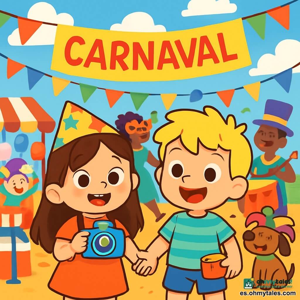 Hay 2 personajes principales: Luna, una niña de 3 años con cabello largo y castaño y ojos brillantes, que lleva un sombrero de papel colorido con estrellas y sostiene una pequeña cámara brillante; y Nico, un niño de 3 años con cabello rubio despeinado y una sonrisa radiante, que viste una camiseta a rayas y un pantalón corto azul, y sostiene una pequeña caja para guardar fotos. La escena tiene lugar en una plaza animada, llena de banderines coloridos ondeando al viento, rodeada de puestos de comida con globos multicolores. La gente baila y ríe, mientras una gran pancarta de papel anuncia el carnaval. El cielo es azul con nubes blancas como caramelos. En la ilustración, Luna y Nico se toman de la mano, sonriendo alegremente, rodeados de personas disfrazadas con trajes brillantes, músicos tocando tambores y un perro con un sombrero de carnaval. Los dos niños están listos para capturar las sonrisas a su alrededor con su cámara, llenos de emoción y alegría.