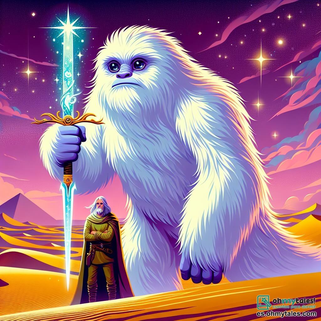 Un yeti majestuoso, con un pelaje blanco y suave como la nieve, se encuentra en el centro de la imagen. Sus grandes ojos brillantes expresan curiosidad y asombro, mientras sostiene una espada reluciente, forjada de estrellas, en sus manos robustas. A su lado, un Protector Silencioso, un hombre de unos 60 años, con una larga capa flotante y cabello plateado, observa con sabiduría. El escenario es un vasto mar de arena dorada, donde las dunas se elevan como olas bajo un cielo crepuscular de tonos rosados y violetas. Las estrellas comienzan a brillar, añadiendo un toque mágico al entorno. La situación principal muestra al yeti listo para liberar el poder de la espada, mientras el Protector Silencioso lo anima silenciosamente, creando una atmósfera de tensión y esperanza en este mundo fantástico.