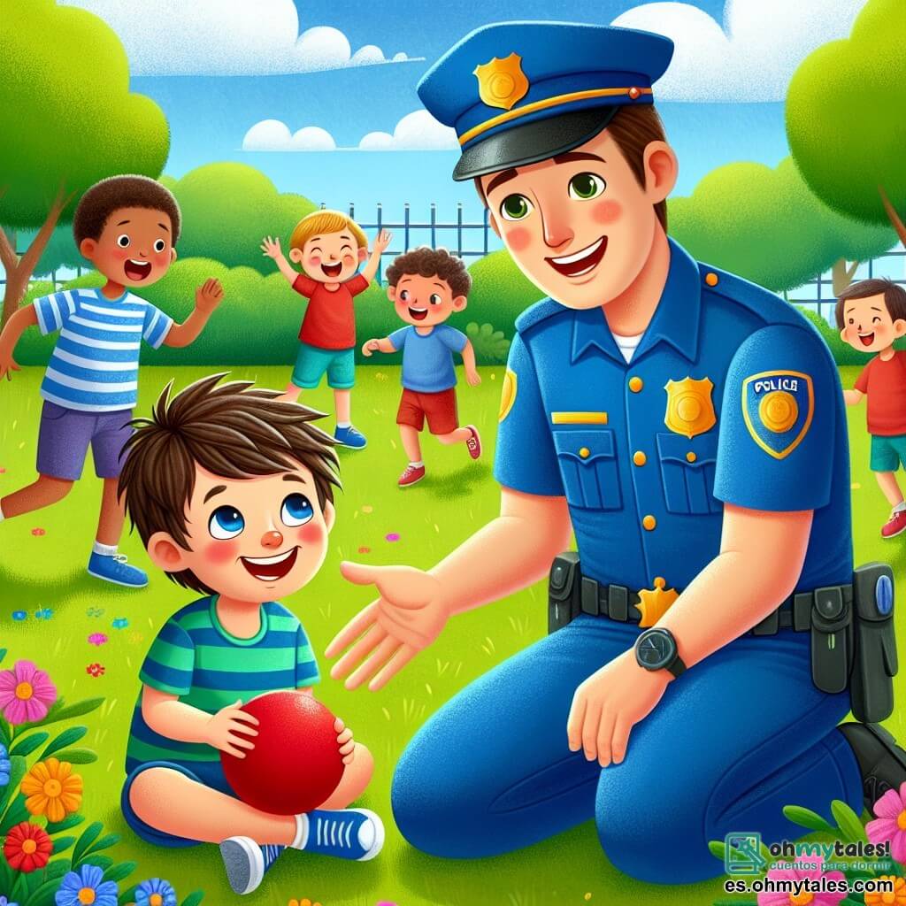 Un policía, un hombre de unos treinta años, sonriente y benevolente, lleva un uniforme azul brillante con una gorra que hace "plop". Está arrodillado cerca de un niño pequeño, Lucas, un niño de seis años con el cabello castaño desordenado y una gran sonrisa, que juega con una pelota roja. Carlos, el policía, le explica con entusiasmo su papel, mientras Lucas lo escucha con los ojos muy abiertos, lleno de admiración. El escenario se desarrolla en un parque soleado, lleno de árboles verdes exuberantes y flores coloridas. Se pueden ver niños jugando al fondo, risas y gritos de alegría resonando en el aire. La situación principal muestra a Carlos, el policía, conversando alegremente con Lucas, hablándole de su trabajo y de la importancia de ayudar a los demás, creando un momento de conexión e inspiración entre ellos.