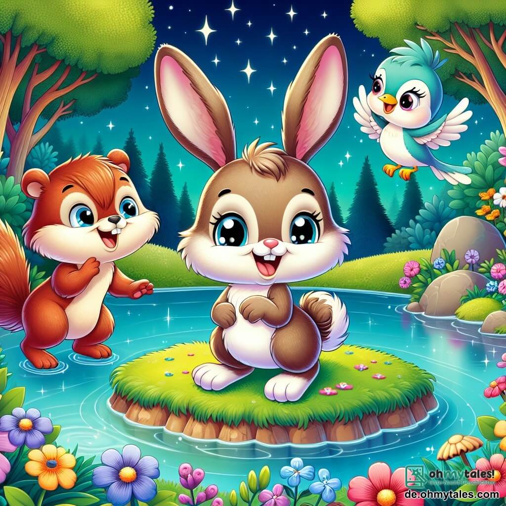 Ein kleiner Hase namens Felix mit großen Ohren und weichem, braunem Fell steht fröhlich auf einer kleinen Insel inmitten eines glitzernden Teiches. Er hat ein strahlendes Lächeln im Gesicht, seine Augen funkeln vor Aufregung, während er zwischen den bunten Blumen tanzt. Neben ihm hüpft ein schelmisches Eichhörnchen mit rotem Fell und buschigem Schwanz und lacht, während eine sanfte Nachtigall mit bläulichem Gefieder fröhlich auf einem nahegelegenen Ast singt, ihre Augen strahlen vor Glück. Der Teich ist von großen Bäumen mit üppigem grünem Laub umgeben, und mehrfarbige Blumen säumen das Ufer, was eine magische und einladende Atmosphäre schafft. Felix und seine Freunde feiern ihre Freundschaft, indem sie zusammen spielen, lachen und Momente der Freude unter einem sternenklaren Himmel teilen, was das einfache Glück und die Schönheit von Freundschaft symbolisiert.
