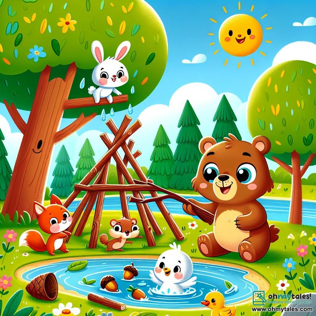 A happy brown bear with a big smile and sparkling eyes is at the center of the image, holding a wooden branch to build a fort. Next to him, a small white rabbit with large ears, looking amused, splashes water while jumping into a puddle. A red squirrel, with a bushy tail, laughs while collecting acorns, while a yellow duck, slightly wet, shakes its feathers while laughing. The setting is a sunny clearing surrounded by green trees and colorful flowers, with a small river gently flowing in the background. In the foreground, the friends are building a funny fort made of branches, leaves, and acorns, while having fun and splashing water.