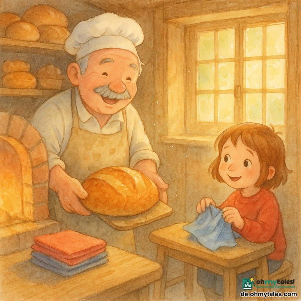 Ein lächelnder, gutmütiger Bäcker mit rundem Gesicht, grauem Schnurrbart und kurzen weißen Haaren, in einem beige Leinen-Schurz mit mehlbestäubten Händen, holt ein golden-knuspriges Brot aus dem Backofen; daneben sitzt die sechsjährige Lotte mit kurzem kastanienbraunem Haar und rotem Pullover auf einem kleinen Hocker und faltet ein blaues Tuch, Blick zum Bäcker; Innenraum einer kleinen Holz-Bäckerei mit goldener Morgenbeleuchtung durch ein Sprossenfenster, Regalen mit runden Broten, Brötchen und Kuchen, großem ziegelwarmen Ofen hinten und einem Holztisch mit roten und blauen Servietten; warme Frühstücksatmosphäre, angedeuteter Brotduft, sichtbare Krustentextur und mehlige Schwebestäubchen; Stil: pastellfarbene Aquarellfarben, weiche Konturen und weiße Tusche-Highlights für Lichtreflexe.