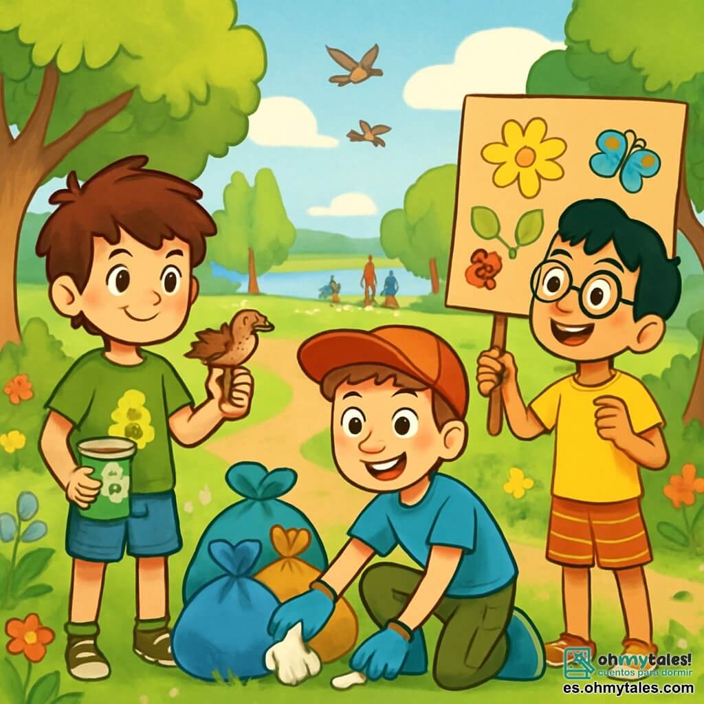 Hay 3 personajes: - Nico: un niño de 9 años con cabello castaño desordenado y ojos brillantes. Lleva una camiseta verde con un dibujo de un árbol y un pantalón corto de mezclilla. Sostiene un vaso de reciclaje en una mano y un pequeño pájaro herido en la otra, mirando a sus amigos con determinación. - Lucas: un niño de 9 años con cabello rubio y una gorra roja. Lleva una camiseta azul y un pantalón cargo. Está agachado, recogiendo basura con una gran sonrisa, rodeado de bolsas de basura coloridas. - Mateo: un niño de 9 años con cabello negro y gafas redondas. Lleva una camiseta amarilla y un pantalón corto a rayas. Está de pie, sosteniendo un cartel de cartón con dibujos de flores y animales, explicando a los demás la importancia de proteger el medio ambiente. La situación principal se desarrolla en un parque verde, lleno de árboles majestuosos, flores coloridas y un pequeño camino de tierra. A lo lejos, se ve un lago brillante bajo el sol, con pájaros volando alegremente en el cielo azul. Familias pasean y niños juegan en la hierba. La historia muestra a los tres amigos limpiando el parque, recogiendo basura mientras se divierten. Están rodeados de bolsas de basura coloridas y carteles que han creado, explicando a otros niños la importancia de cuidar la naturaleza. Las caras de los niños son alegres y decididas, reflejando su compromiso de proteger su entorno.