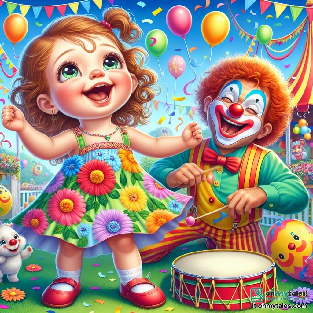 Una bambina di un anno, Sofia, con grandi occhi brillanti e capelli ricci castani, balla gioiosamente in mezzo a un carnevale colorato, il suo viso che irradia felicità. Indossa un vestito a fiori multicolori e tiene un piccolo tamburo suonando con entusiasmo. Accanto a lei, un clown allegro di circa 30 anni, con un naso rosso, capelli arruffati e un grande sorriso, fa delle smorfie mentre suona un tamburo. Si piega in avanti, incoraggiando Sofia a ballare. Lo sfondo è un giardino festoso, pieno di palloncini a forma di animali, festoni colorati e coriandoli che fluttuano nell'aria. Un grande tendone a strisce rosse e gialle si erge sullo sfondo, creando un'atmosfera magica. La scena principale mostra Sofia che ruota su se stessa, le braccia alzate, circondata da colori vivaci e musica gioiosa, mentre il clown la accompagna con movimenti divertenti, creando un momento di felicità e festa.