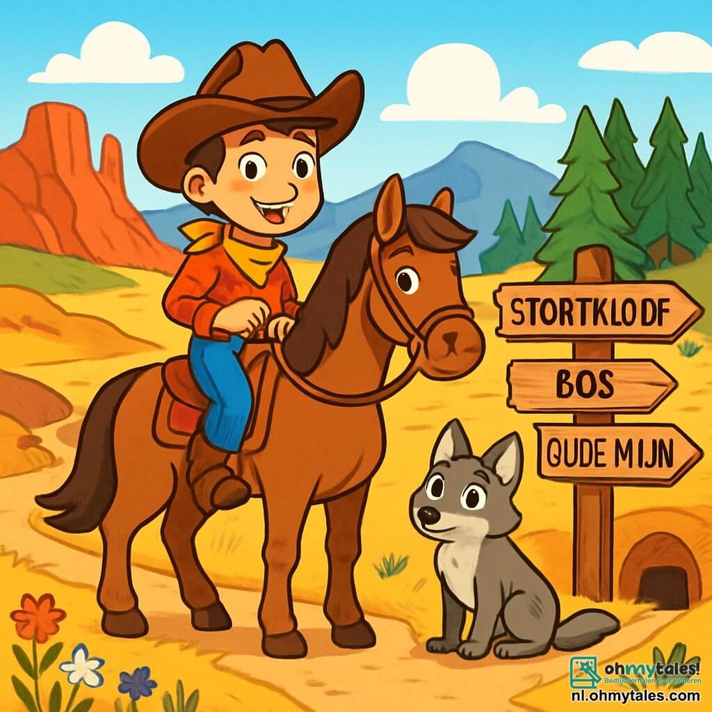 Een jonge cowboy, Jesse, een jongen van ongeveer 12 jaar, met een brede cowboyhoed, een rood geruit overhemd en denim broek, rijdt trots op zijn bruine paard, Max. Zijn gezicht straalt vastberadenheid en opwinding uit, met heldere ogen en een zelfverzekerde glimlach. Naast hem kijkt een kleine, nieuwsgierige en ondeugende grijze coyote aandachtig toe, met rechtopstaande oren, klaar om Jesse te volgen in zijn avontuur. De achtergrond is een uitgestrekte, gouden prairie, bezaaid met kleurrijke wilde bloemen, met golvende heuvels aan de horizon onder een stralend blauwe lucht. In de verte tekenen de silhouetten van de Rode Bergen zich af, mysterieus en majestueus, met witte wolken die zachtjes erboven drijven. De hoofdsetting toont Jesse, met zijn blik gericht op een pad dat zich in drie richtingen splitst: rechts, een gevaarlijke kloof, links, een dichte dennenbos, en recht vooruit, een oude, donkere mijn. Jesse, met een hand op de teugels van Max, aarzelt, zijn hart bonzend van opwinding en bezorgdheid, klaar om zijn pad naar avontuur en de ontdekking van de legendarische schat te kiezen.