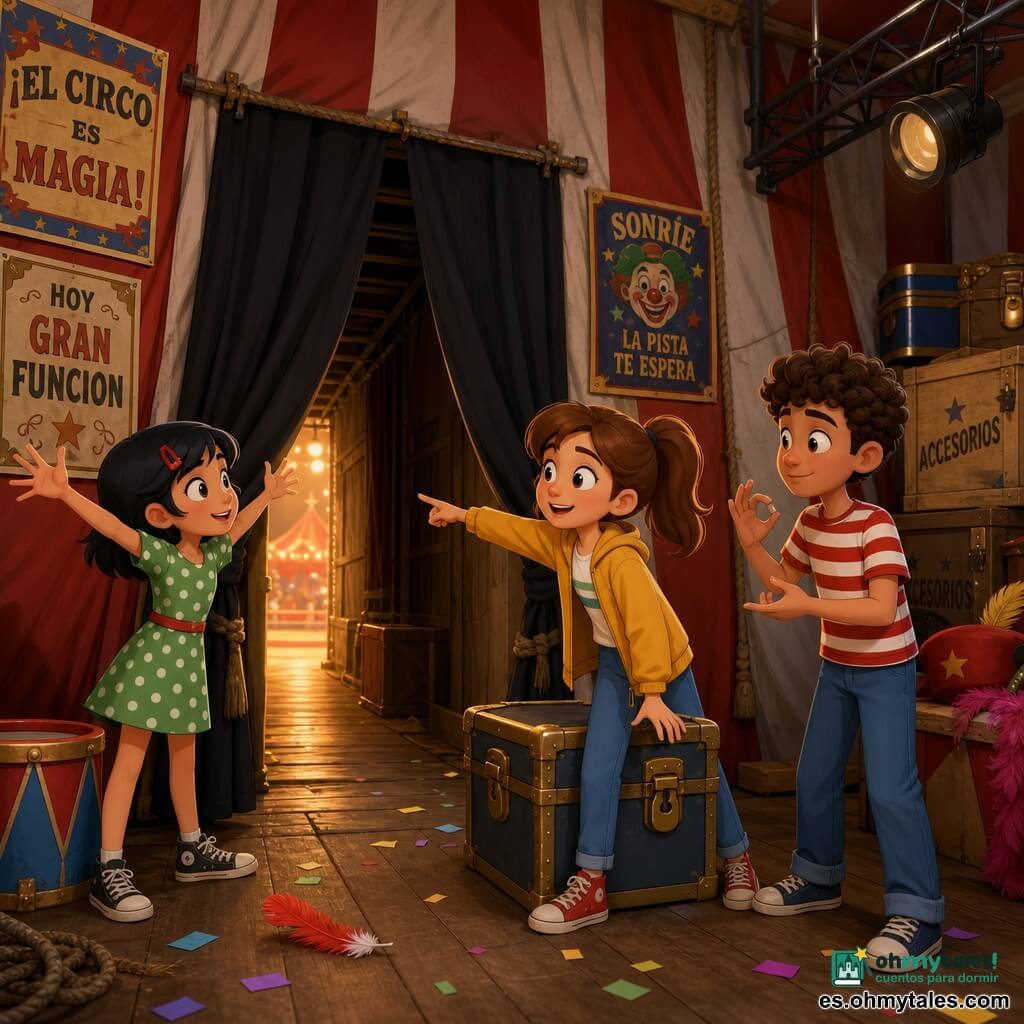 Hay tres niños: Nora, 12 años, coleta castaña clara, chaqueta mostaza, pantalón azul, en el centro señalando una puerta secreta frente a un pequeño cofre; Lila, 12 años, cabello negro corto con una pinza roja, vestido de lunares verdes, a la izquierda de Nora junto al pasillo oscuro señalando la dirección con energía; Darío, 12 años, rizos castaños, camiseta roja y blanca a rayas, a la derecha y ligeramente detrás organizando la fila con un gesto circular. Interior de una gran carpa de circo: suelo de madera gastada, lonas rojas y blancas, cuerdas, focos colgantes, cortinas negras abiertas a un pasillo estrecho iluminado por un resplandor cálido, carteles coloridos y cajas etiquetadas "ACCESORIOS". Los tres descubren el corredor secreto que lleva a la pista; ambiente de fin de espectáculo con luz dorada, confeti en el aire y una pequeña pluma de naricilla de payaso en el suelo, estilo alegre y dinámico.