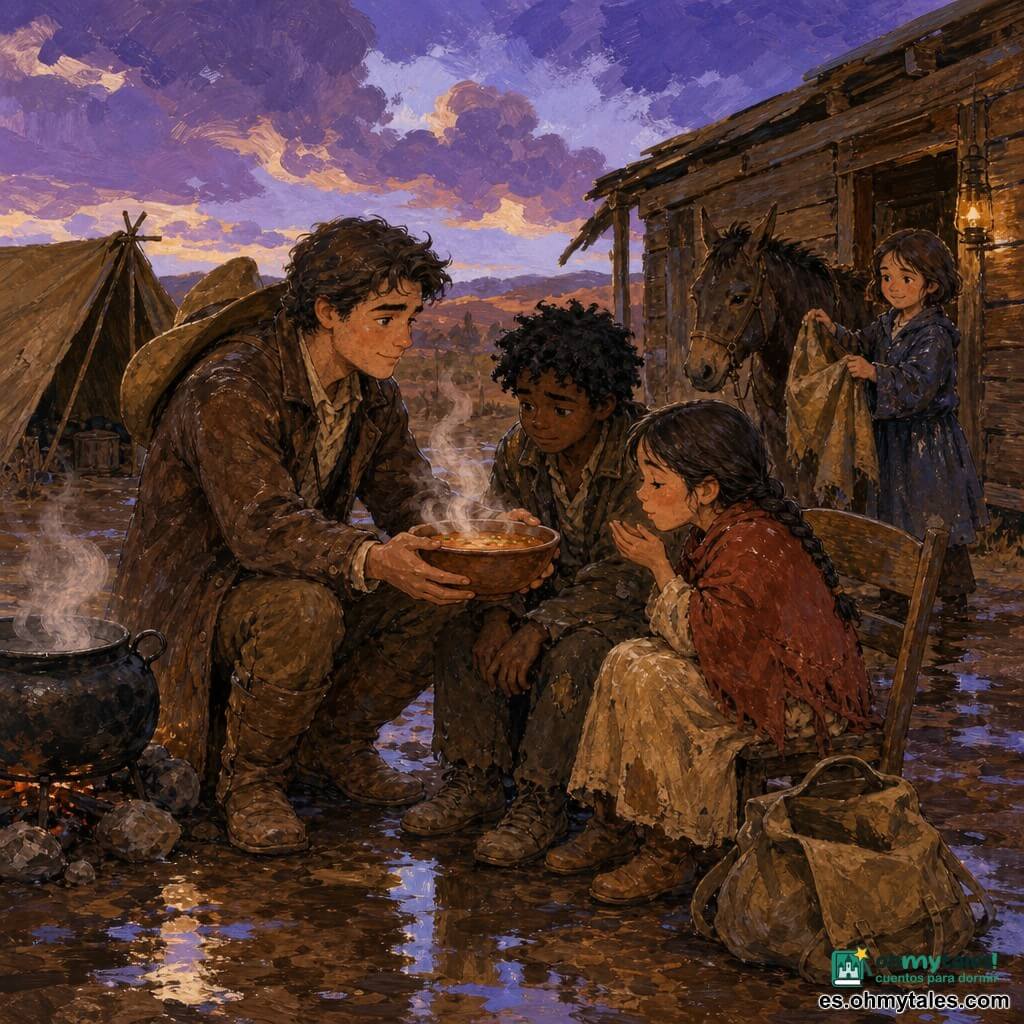 Tomás, hombre joven de rostro redondo y mirada decidida y dulce, sonríe levemente mientras sostiene con ambas manos un gran cuenco humeante de sopa; junto a él, Mateo, chico de unos 12 años de rostro pálido y cabello despeinado, mira la sopa con gratitud tímida y hay un saco de tela arrugado en el suelo; Clara, niña delgada de unos 8 años con trenza, está sentada frente a una choza de tablones y sopla la sopa sonriendo tímidamente; Luz, niña de unos 9 años de cabello corto y abrigo empapado, está al fondo junto a una mula llamada Púa sujetando una manta lista para ayudar. El campamento del Oeste tras la lluvia tiene suelo embarrado con charcos reflectantes, tiendas recogidas, una gran marmita negra humeante sobre piedras y una choza de tablones; el cielo violeta se despeja. Momento cálido y sereno tras la aventura: Tomás ofrece un cuenco de sopa a Clara, vapor en volutas, expresiones de alivio y compasión; paleta cálida (ocres, rojos, marrones) contrastando con el azul violeta del cielo, estilo gouache texturado con pinceladas visibles.