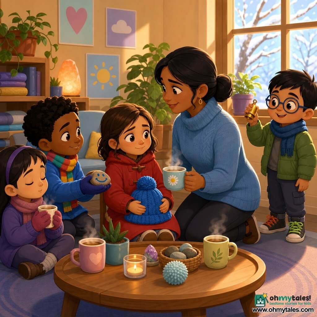 A 6-year-old girl, Mira, moved but calm, round face with freckles, wearing a blue knit hat with a pompom and a red coat, sits at a round table holding her hat on her lap like a small treasure; a 6-year-old boy, Sam, with bright eyes, a colorful scarf and thick gloves, sits to her left smiling gently and showing a small painted smiling stone; Ms. Noor, an adult woman in her 30s–40s with her hair tied and a soft blue sweater, kneels at child level offering Mira a cup of chamomile; another 6-year-old boy with round glasses and mismatched shoelaces stands by the window holding a small shiny bell. Interior: a warm welcoming office with large windows showing snowy branches, potted plants, a shelf of blankets, soft-colored posters reading "It's okay to feel," a discreet heater and golden afternoon light. Scene: children seated in a circle around the table in a calm, caring atmosphere with visible calming objects (blue hat, smiling stone, bell), steam from hot drinks, guided breathing gestures, a gentle winter feeling, warm textures and cel-shaded contrasts.