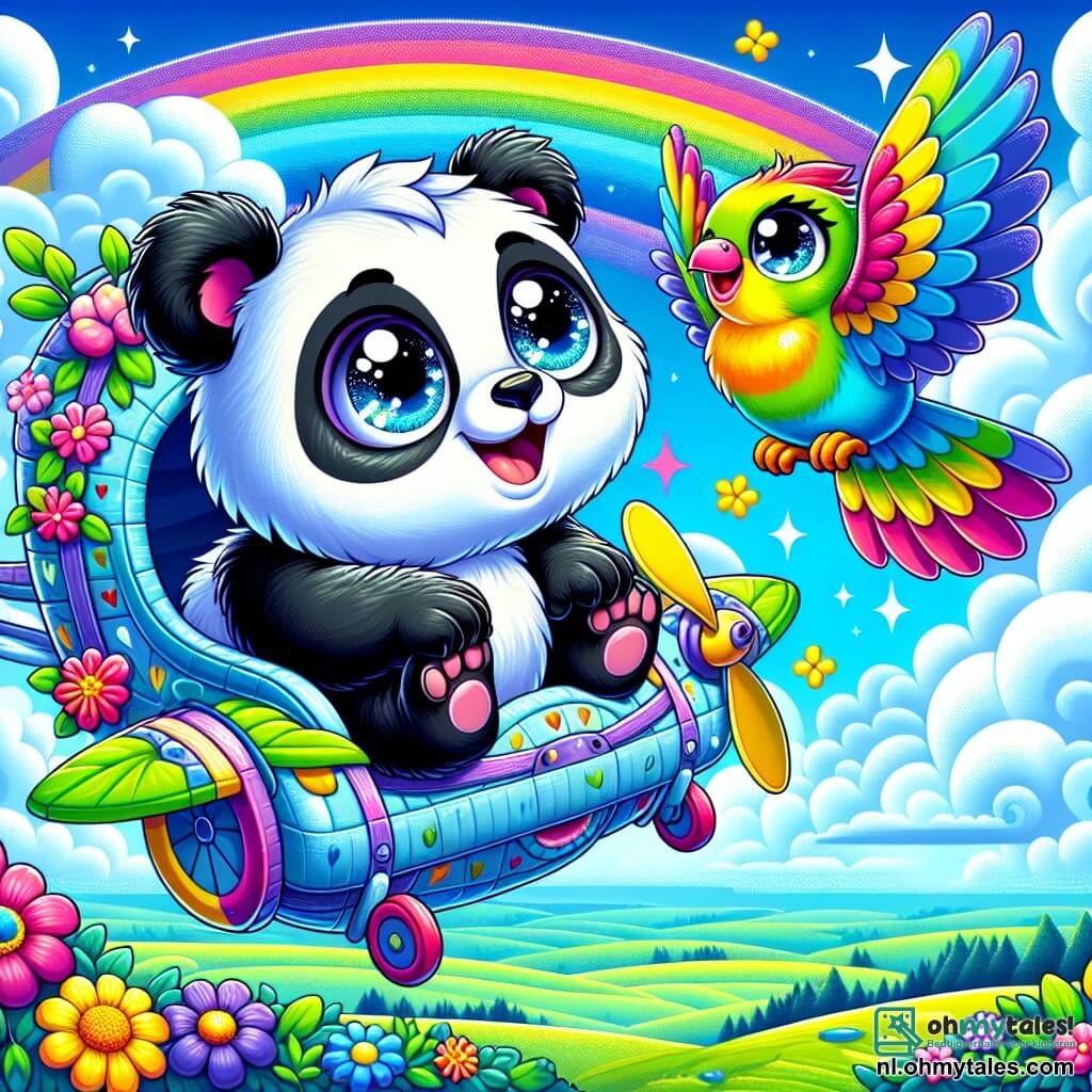 Een kleine panda met grote glanzende ogen en een zwart-witte vacht, met een stralende glimlach, zit in een vliegmachine gemaakt van kleurrijke bladeren en bloemen. Hij kijkt verwonderd naar het landschap beneden, de wind doet zijn vacht opwaaien, en zijn hart is vervuld van opwinding. Naast hem vliegt een kleine vogel met levendige, kleurrijke veren vrolijk om de machine heen. Hij zingt blij, zijn vleugels fladderen snel, en hij lijkt de panda aan te moedigen om nog hoger de lucht in te verkennen. De scène speelt zich af in een stralende blauwe lucht, bezaaid met donzige wolken en een prachtige regenboog die zich aan de horizon uitstrekt. Hieronder ontvouwt zich een uitgestrekt landschap van groene bossen en golvende heuvels, bezaaid met heldere bloemen. De hoofdscène toont de panda en de vogel in volle vlucht, ontdekkend vanuit de lucht, vervuld van verwondering en vreugde, klaar om een onvergetelijk avontuur te beleven.