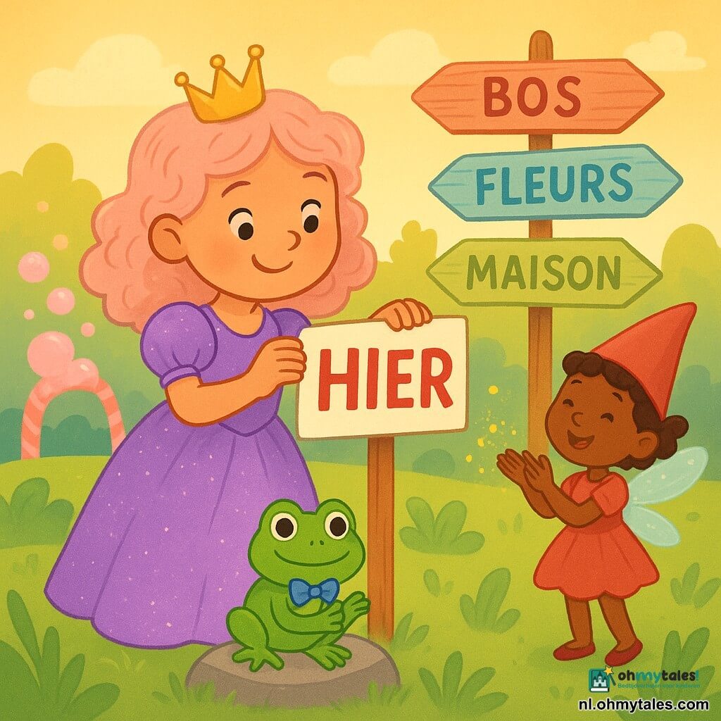 Een lachende ondeugende prinsesje (ongeveer 6 jaar) in glanzende lila jurk en lichtroze krullen plakt een grote witte sticker met “HIER” in rode letters op een houten wegwijzer; voor haar staat een klein jongenskikkerje met blauwe vlinderdas en trotse blik op een steen, naast hen een elfachtig feeënmeisje (~5 jaar) met rode muts en glinsterende vleugels klapt en strooit gouden glitters; de houten bord heeft drie pastelkleurige draaiende pijlen naar “Bos”, “Fleurs”, “Maison”; het tafereel is een betoverende open plek met zacht groen gras, lachende kromme bladeren, een zuurstokkenbrug en een bellenfontein die roze bellen blaast, zachte zonsonderganglicht, warme kleuren, afgeronde vormen, vrolijke geruststellende sfeer, compositie gecentreerd op het prinsesje met ruimte rondom voor boektekst.