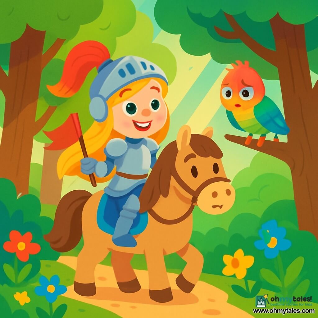 A brave knightess, Sir Lila, stands proudly on her gentle horse, Cookie. She wears shining armor that sparkles in the sun, with a determined smile on her face. Her long golden hair flows in the wind, and her eyes sparkle with excitement. Beside her, a small bird with colorful feathers, visibly sad, searches for its precious golden plumage. The bird perches on a tree branch, wings slightly folded, looking at Sir Lila with hope. The scene takes place in an enchanted forest, where majestic trees with thick trunks rise to the sky, and colorful flowers cover the ground. Sunbeams break through the foliage, illuminating the path. With her brave heart, Sir Lila is ready to embark on a quest to find the lost golden plumage, determined to help her new friend.