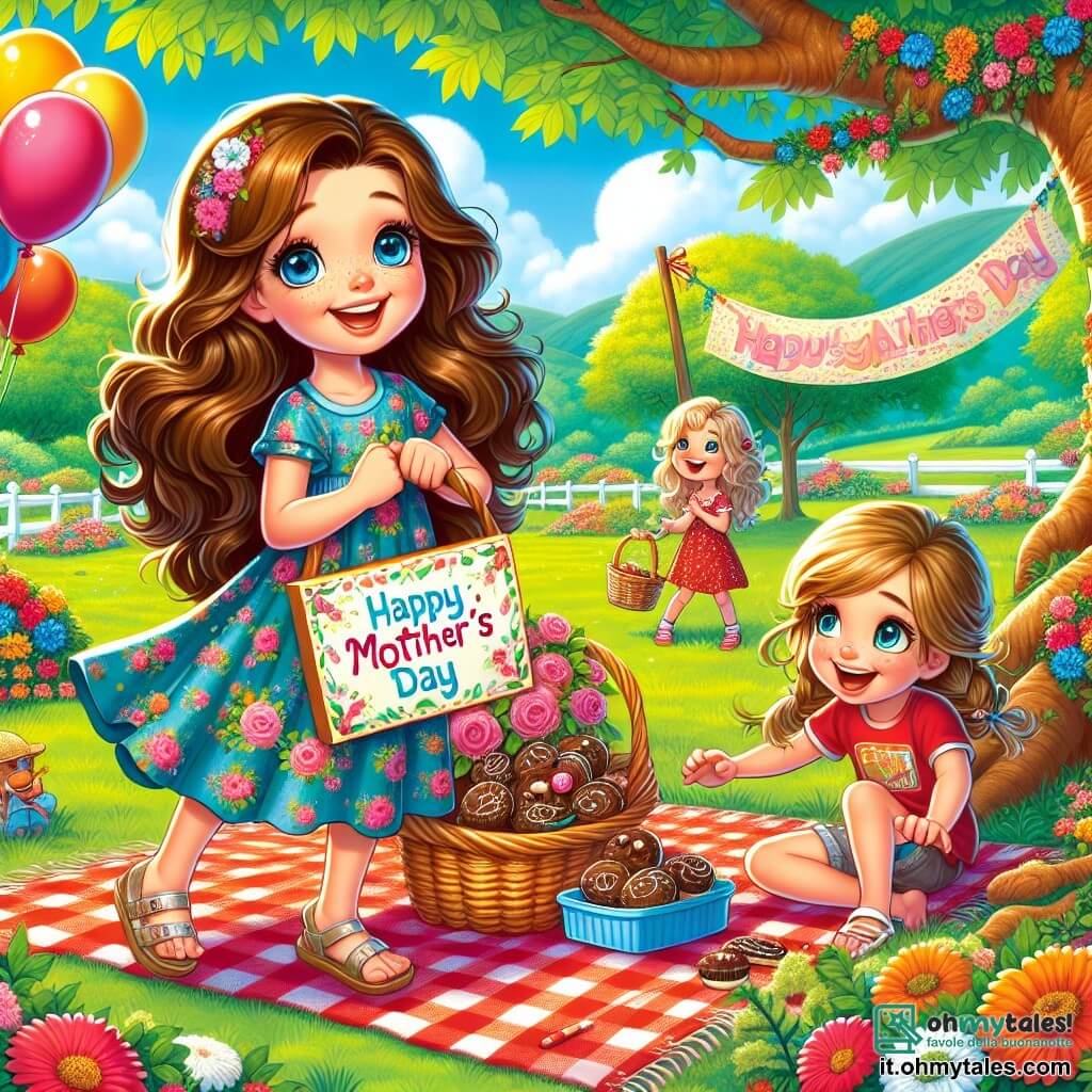Una ragazza di 9 anni, Sofia, con lunghi capelli castani e occhi blu scintillanti, sorride con entusiasmo mentre tiene un grande cartello colorato che dice "Buona festa Mamma!" in un parco soleggiato. Indossa un vestito a fiori e sandali, e il suo viso irradia gioia e anticipazione. Accanto a lei c'è Marco, un ragazzo di 9 anni con capelli castani disordinati e una maglietta rossa, che ride mentre tiene un cesto pieno di deliziosi biscotti al cioccolato. Più in là, Chiara, una ragazza di 9 anni con capelli biondi intrecciati e un vestito blu, sta decorando un albero con palloncini colorati. Il luogo è un parco verde, pieno di fiori vivaci e alberi maestosi, sotto un cielo blu chiaro. Una grande coperta a quadri rossi è stesa sull'erba, circondata da cesti da picnic e decorazioni colorate. La scena principale mostra Sofia, Marco e Chiara mentre preparano una sorpresa gioiosa per la festa della mamma, circondati da risate e un'atmosfera festosa, pronti ad accogliere la mamma di Sofia per una bella celebrazione.
