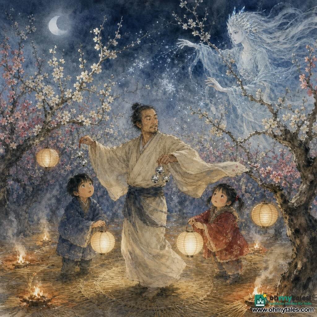 Adult man — Haru Takeda, resolute benevolent expression, calm face with light wrinkles, graying black hair tied up, wearing a simple cream kimono and dark sash, dancing gently while waving wide sleeves and small silver bells that glint, Boy — Ren, about 9, short black hair, blue coat, looks in wonder holding a paper lantern near the ground to Haru's left, Girl — Aki, about 7, pigtails, red coat, holds the lantern with Ren, cool but brave face to Haru's right near a plum tree trunk, Supernatural figure — frost spirit, slender silhouette in a flowing icy-water colored robe, hair floating like frost filaments, crystal-bright eyes, delicate hands casting fine sparks of frost over the high branches, Setting — plum orchard under a thin moon, branches heavy with white and pink blossoms, straw mats on the ground and small fires arranged in a ring, paper lanterns hanging, light smoke drifting through the cold air, Main situation — a reconciliatory dance between Haru and the frost spirit among the trees, Haru offering open hands as bells tinkle while the spirit lays a veil of frost on the high branches, soft poetic nighttime mood with contrast between the warm fire glow and the bluish pallor of the frost.
