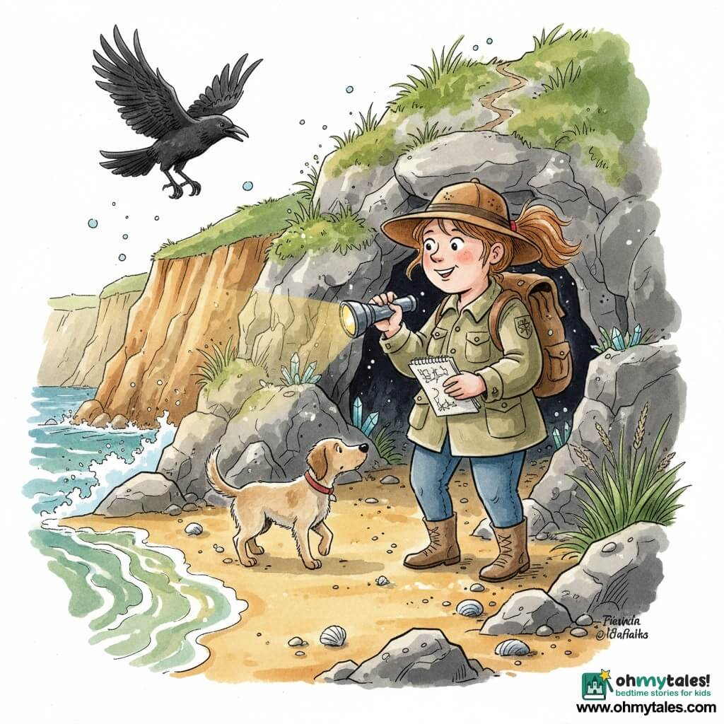 A 30-year-old female explorer with chestnut hair in a ponytail, round smiling face, wearing a brown wide hat, khaki jacket and a worn backpack gazes with wonder and caution at a small hidden cave in ochre-gray cliffs, holding a silver flashlight and a scribbled notebook; a male beige hunting dog named Patch sits at her left, wagging his tail and sniffing the cave entrance; a black raven flies overhead toward a high path; the wild beach has golden sand, shells, cliff grasses and small sparkling crystals around the cave, warm flashlight light contrasting the cool rock shadows, white waves striking the rocks, creating an adventurous, gentle atmosphere.