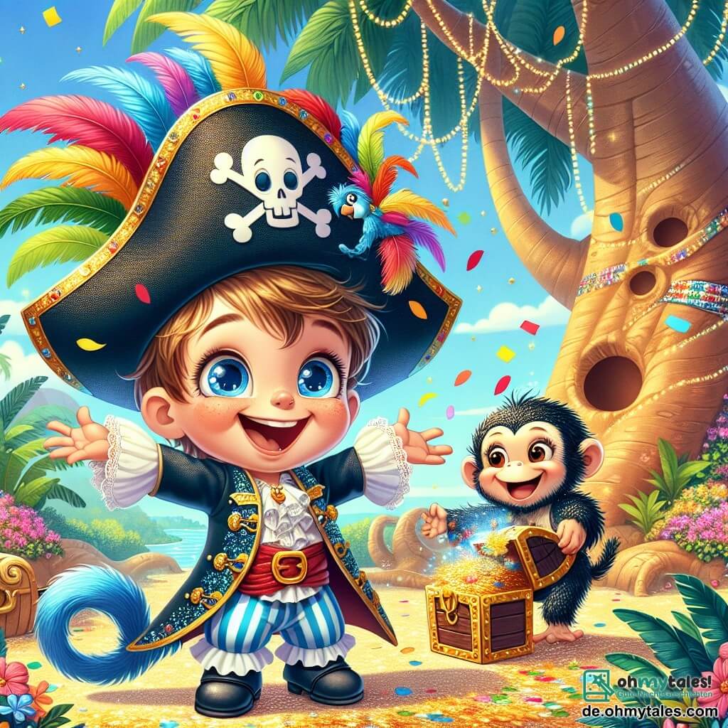 Ein kleiner Junge von 1 Jahr, Tim, mit zerzausten blonden Haaren und funkelnden Augen, trägt einen großen schwarzen Piratenhut mit einer bunten Feder. Er lächelt breit und hält eine kleine Schatzkarte in seinen Händen, während er vor einem majestätischen Baum steht. Neben ihm steht seine Mama, eine etwa 30-jährige Frau mit langen braunen Haaren und einem warmen Lächeln, die ihn mit offenen Armen ermutigt. Sie trägt ein buntes Karnevalskostüm, das mit Glitzer und fröhlichen Mustern gefüllt ist, und steht leicht im Hintergrund, bereit, ihren kleinen Piraten zu applaudieren. Die Kulisse ist eine sonnige Insel mit grünen Palmen, leuchtenden Blumen und einem azurblauen Himmel. Konfetti schwebt in der Luft und verleiht der Umgebung eine festliche Note. Die Hauptsituation zeigt Tim, der eine kleine Schatzkiste zu Füßen des Baumes entdeckt, mit einem schelmischen Affen, der die Kiste hält und bereit ist, sie ihm zu geben. Tim, ganz aufgeregt, nähert sich dem Affen, seine Augen leuchten vor Vorfreude und Glück.