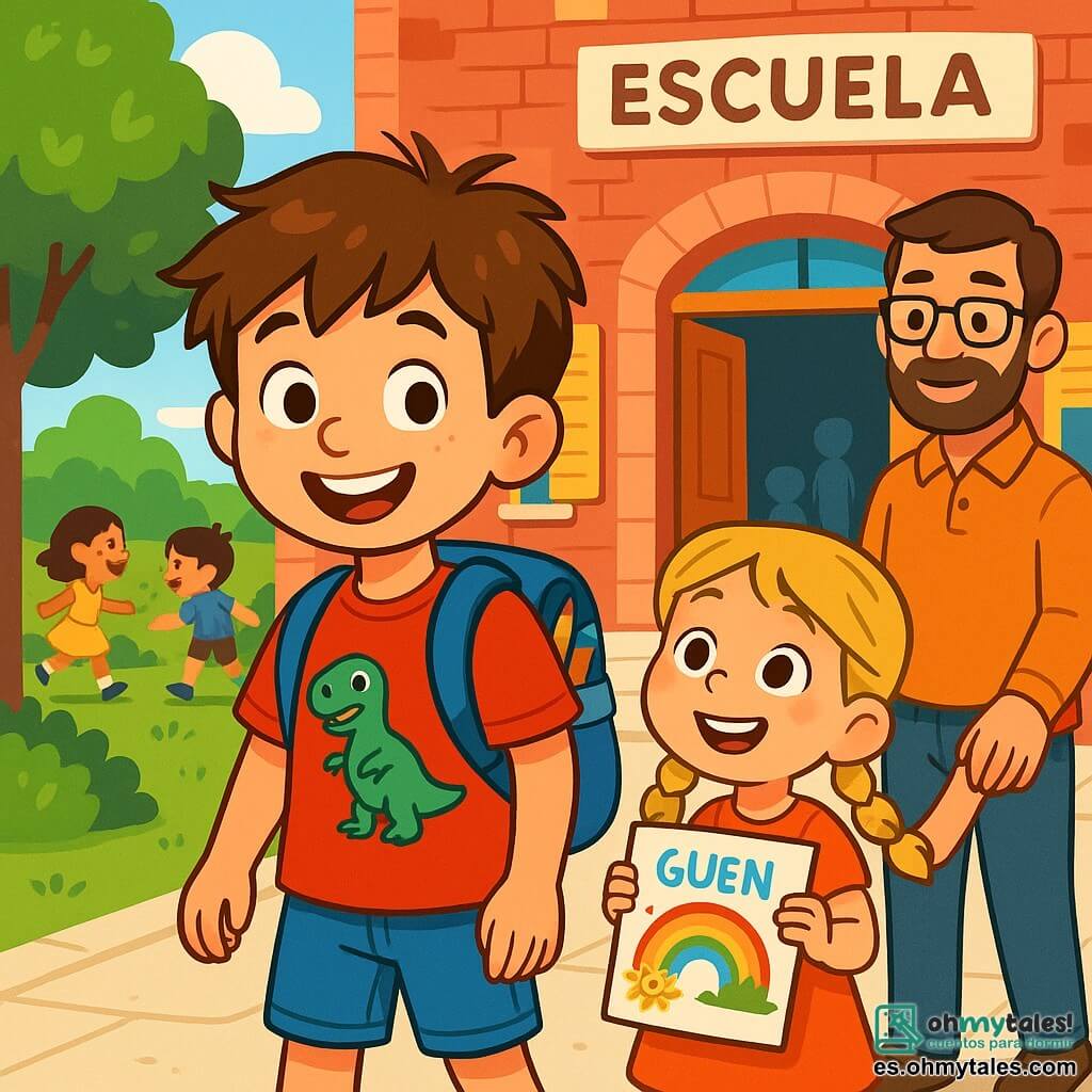 Un niño de 8 años, Lucas, con cabello castaño desordenado y ojos brillantes de curiosidad, está frente a la puerta de su escuela, con una gran sonrisa en el rostro, una mezcla de emoción y nerviosismo. Lleva una camiseta roja brillante con un dibujo de dinosaurio y una pequeña mochila azul llena de útiles escolares. A su lado, su hermana pequeña, Sofía, de 5 años, con trenzas rubias y un rostro alegre, sostiene un dibujo colorido de buena suerte en sus manos, mirándolo con admiración. Su papá, un hombre de mediana edad con barba castaña y gafas, está un poco retirado, sonriendo orgullosamente mientras sostiene la mano de Sofía. El lugar es una escuela primaria acogedora, con una fachada de ladrillos rojos y ventanas con persianas amarillas. Árboles verdes bordean la entrada, y los niños juegan alegremente en el patio, creando una atmósfera viva y alegre. La situación principal muestra a Lucas, un poco dudoso pero decidido, listo para cruzar la puerta de la escuela, rodeado del amor y apoyo de su familia, preparado para comenzar una nueva aventura.
